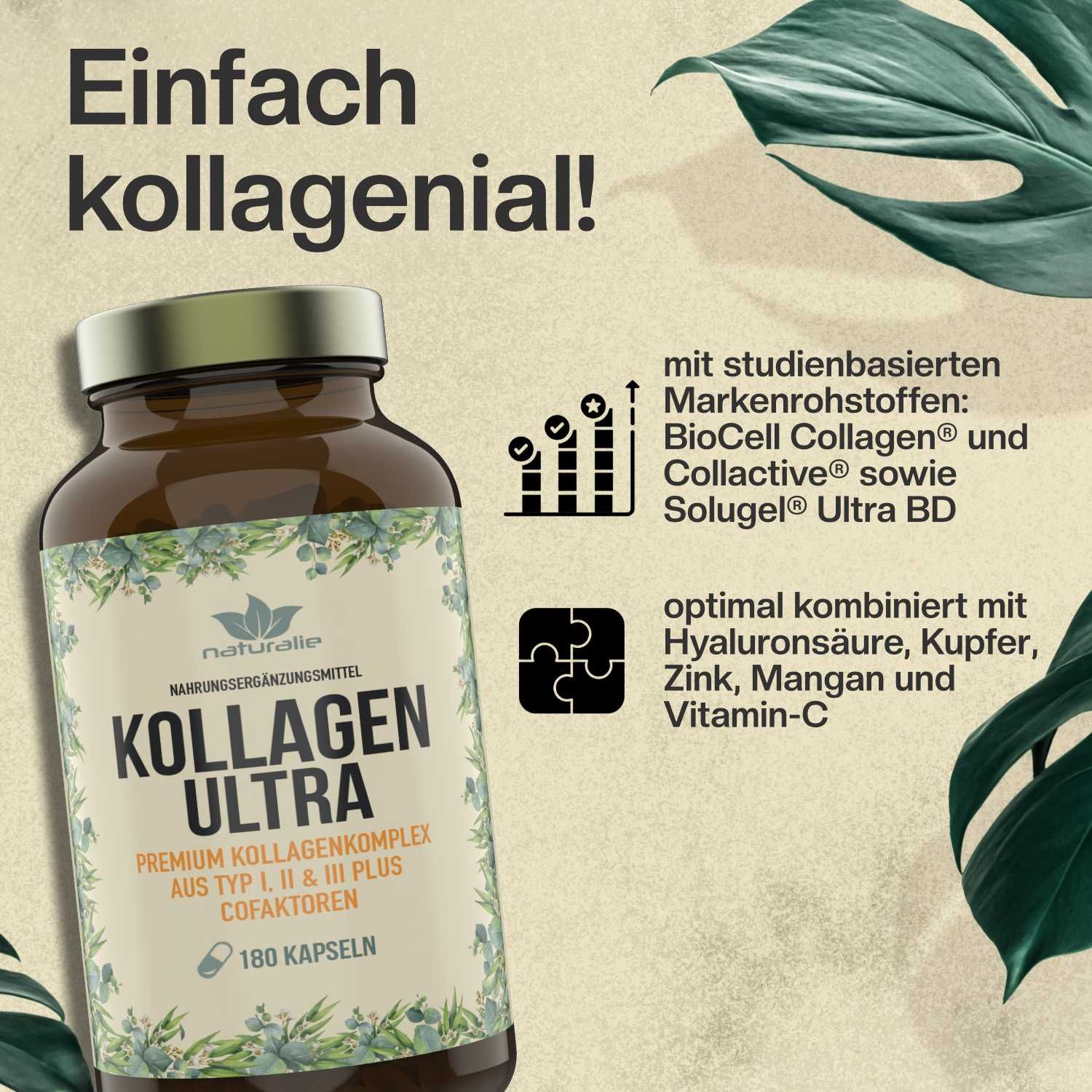 Braune Flasche mit Kollagen Ultra Kapseln, 180 Stück. Enthält BioCell Collagen, Collactive, Solugel, Hyaluronsäure, Kupfer, Zink, Mangan und Vitamin-C.