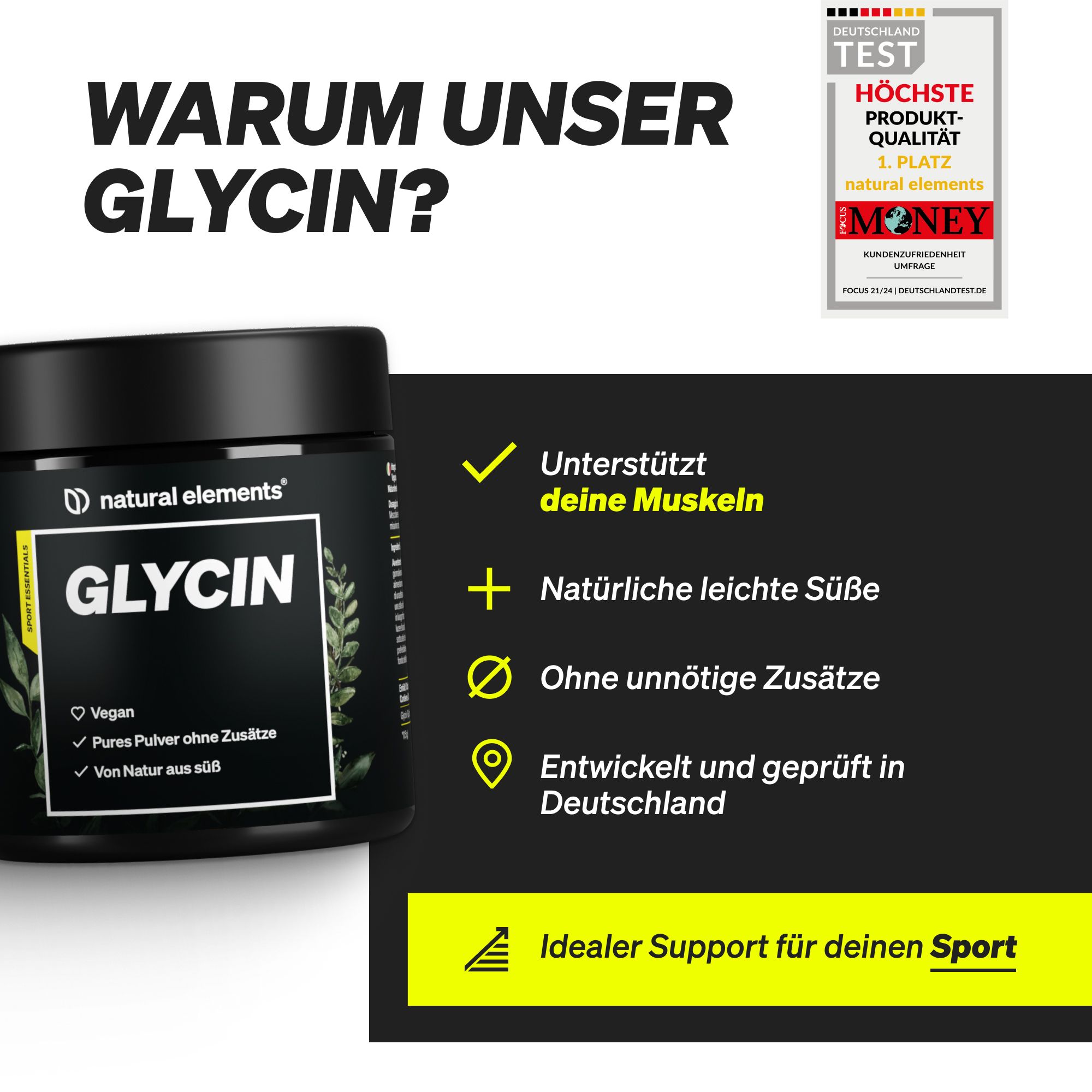 Schwarzer Hintergrund mit Dose und Text. Text: Warum unser Glycin? Unterstützt Muskeln, natürliche Süße, etc.