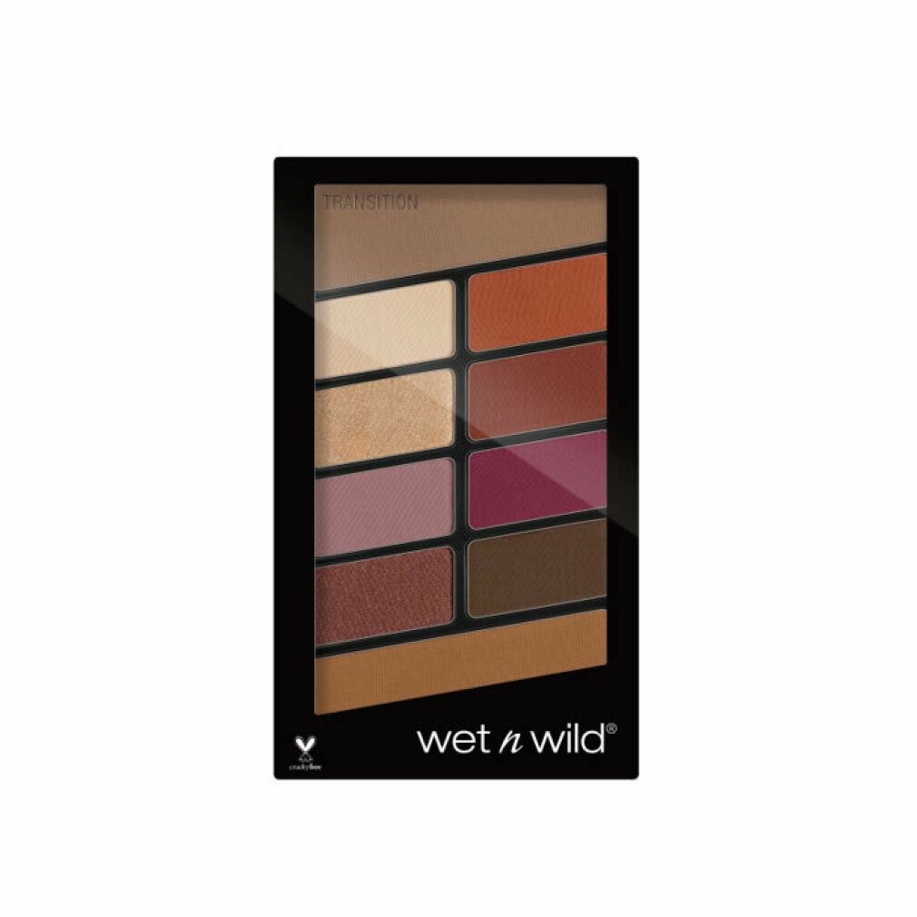 Lidschatten-Palette mit 10 Farbtönen. Schwarze Verpackung. Verschiedene Rosé- und Brauntöne. Aufschrift "Transition". Marke wet n wild.