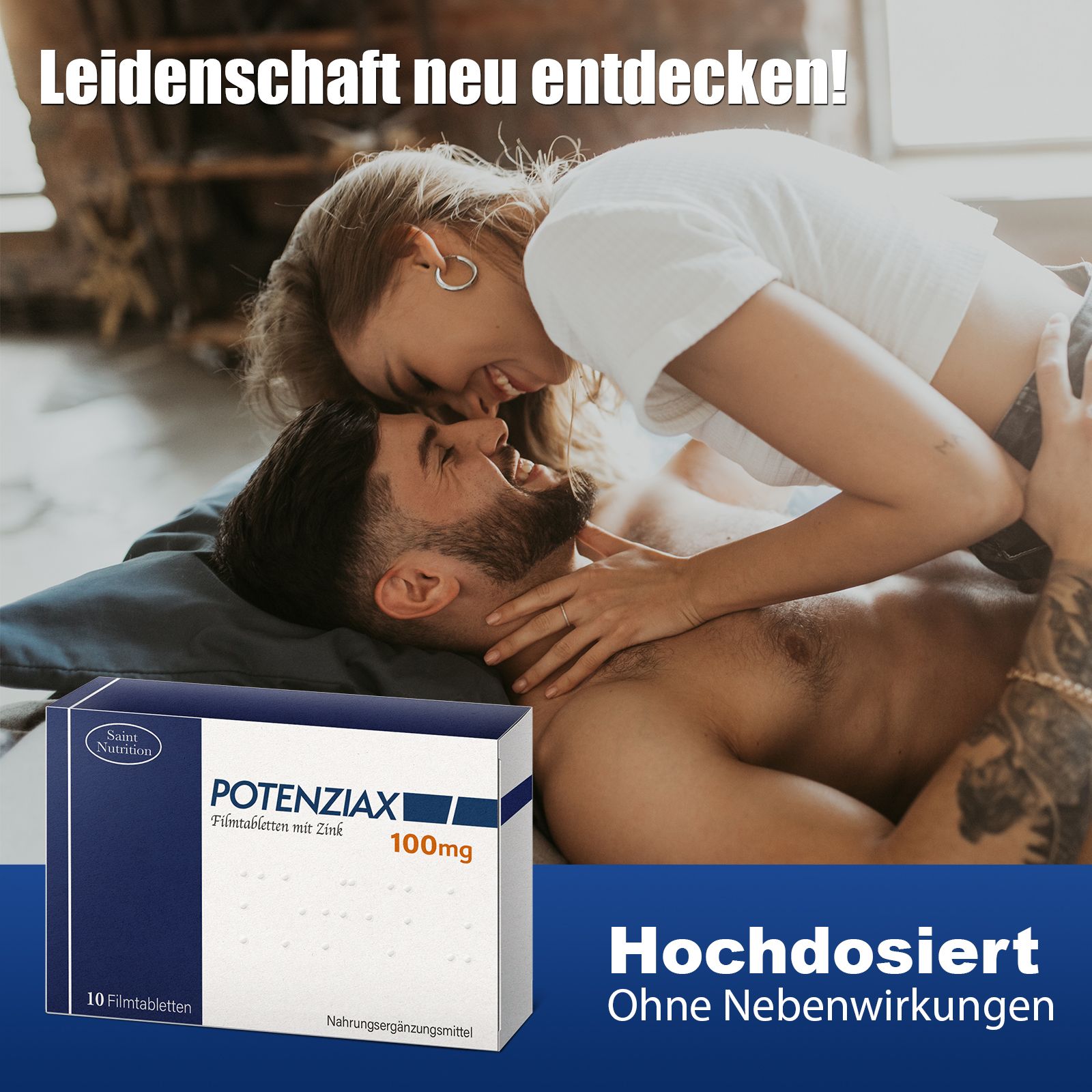 Potenziax Filmtabletten-Packung mit 100mg. Abgebildet mit einem Paar, das sich umarmt und lacht. Text: Hochdosiert, ohne Nebenwirkungen.