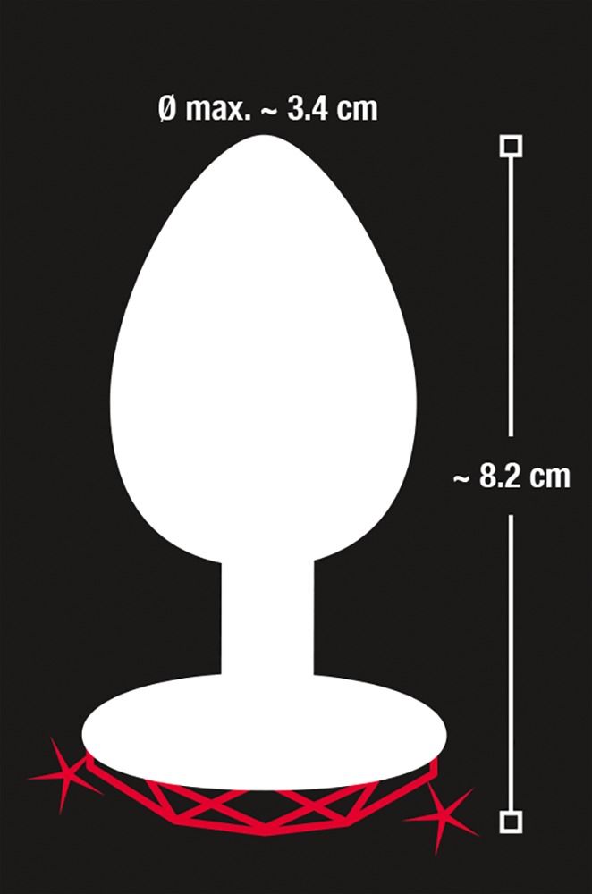Diagramm eines Analplugs. Abmessungen: Ø max. ~3,4 cm, ~8,2 cm lang.