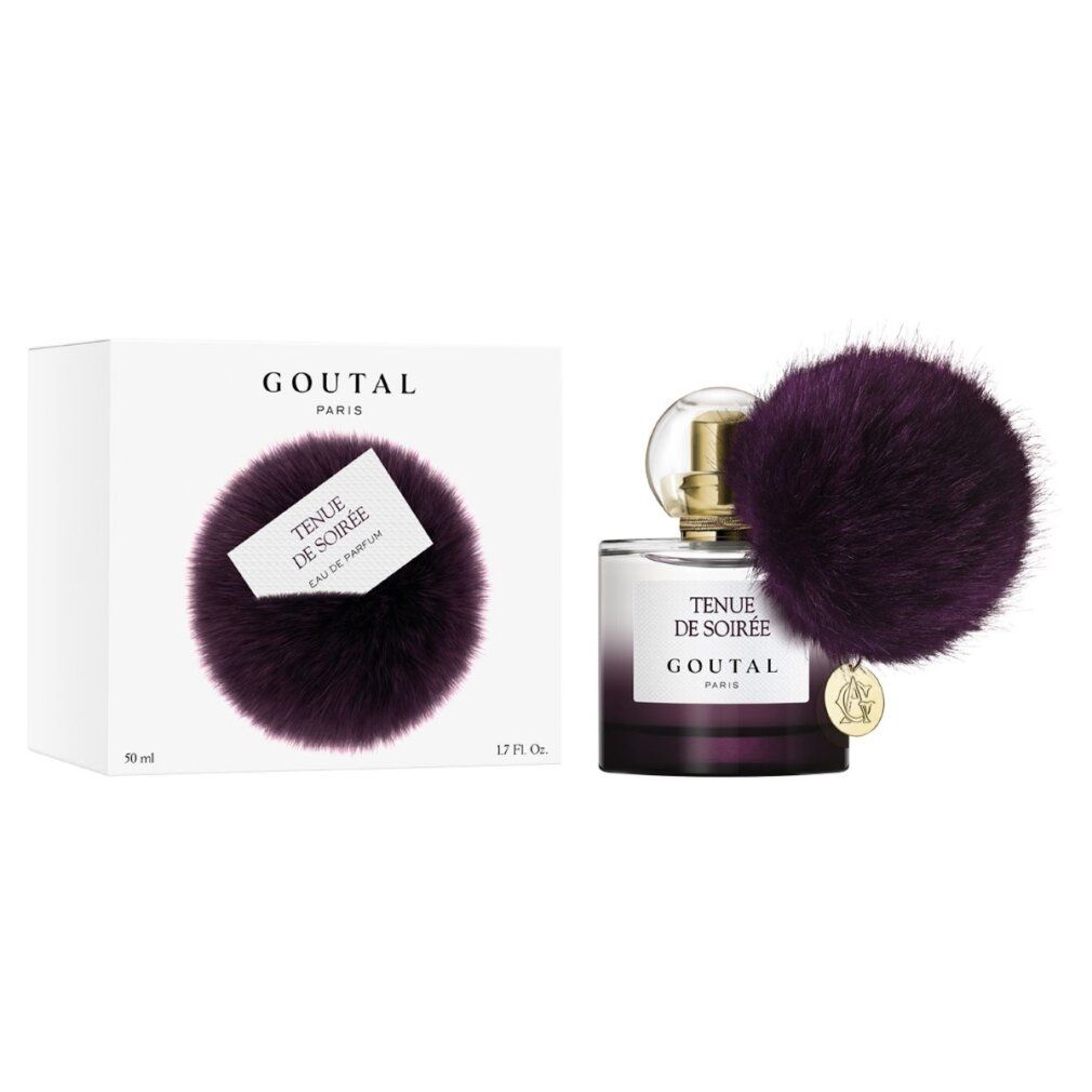 Parfümflakon und Schachtel. Aufschrift: Tenue de Soirée, Goutal Paris. Lila Quaste. Weiße Schachtel.