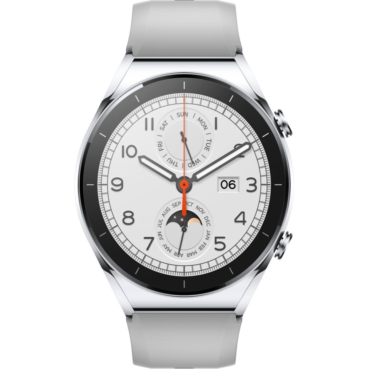 Silberne Smartwatch mit weißem Armband. Rundes Zifferblatt mit Datumsanzeige und Zeigern. Gehäuse aus Metall.