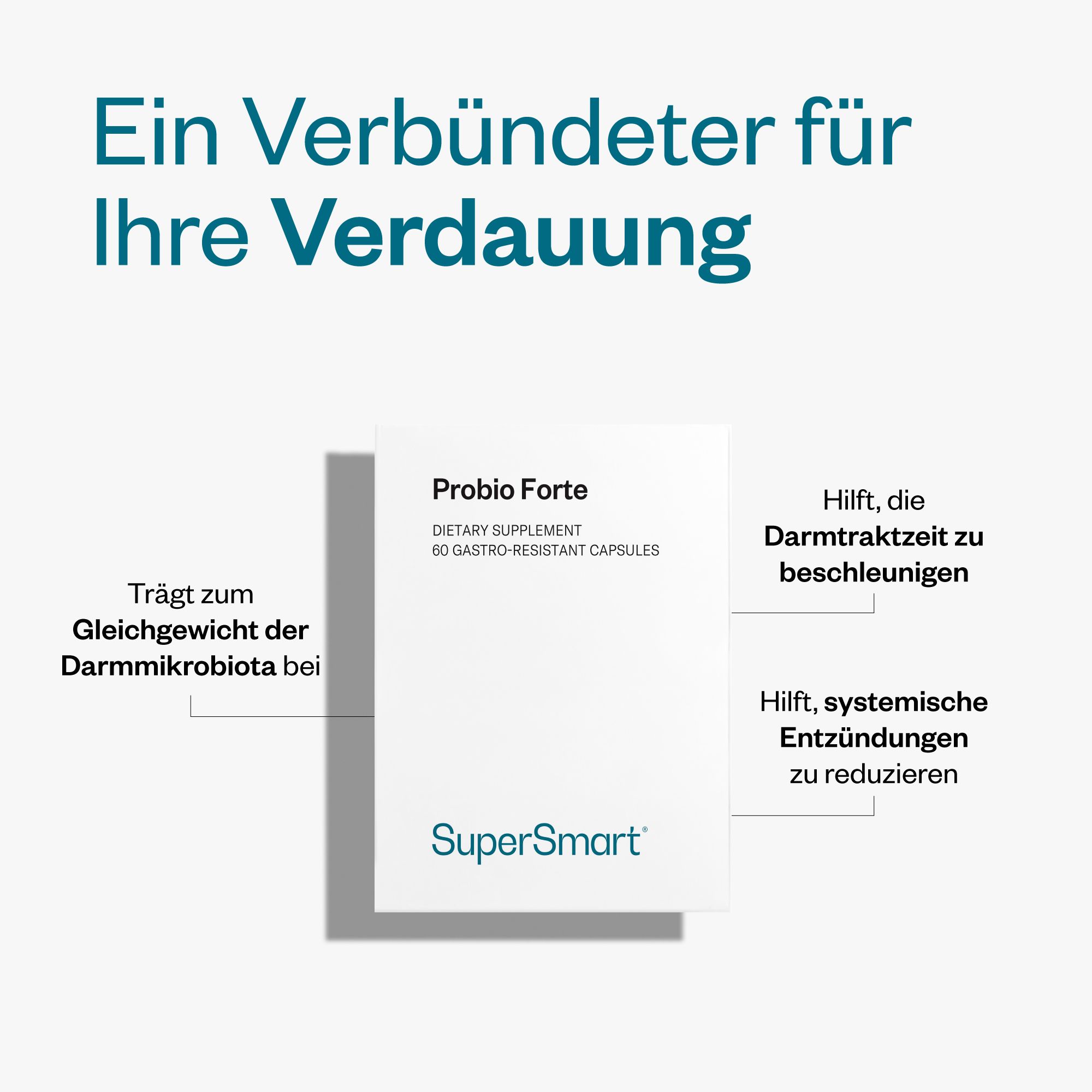 Werbebild mit "Probio Forte" und "SuperSmart" Schriftzug. Text über Verdauung und Vorteile.