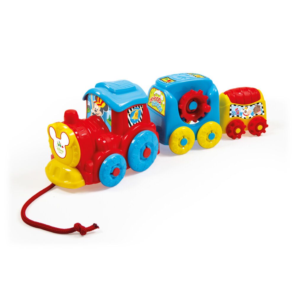 Spielzeugzug in Rot, Blau und Gelb. Mickey-Mouse-Gesicht vorne. Rote Schnur. Drei Waggons. Räder und Details in verschiedenen Farben.