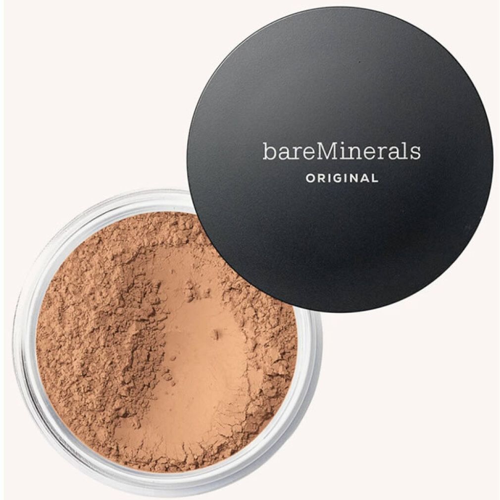 Offene Dose mit braunem Puder. Schwarzer Deckel mit "bareMinerals ORIGINAL" Schriftzug. Glasbehälter.