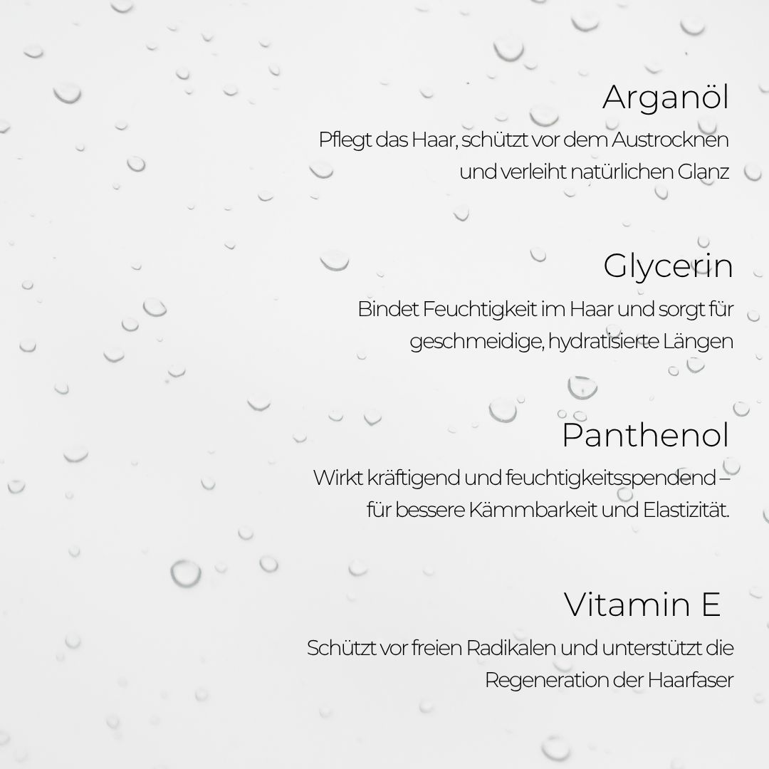 Text mit Inhaltsstoffen: Arganöl, Glycerin, Panthenol, Vitamin E. Beschreibungen der Inhaltsstoffe und deren Wirkung.