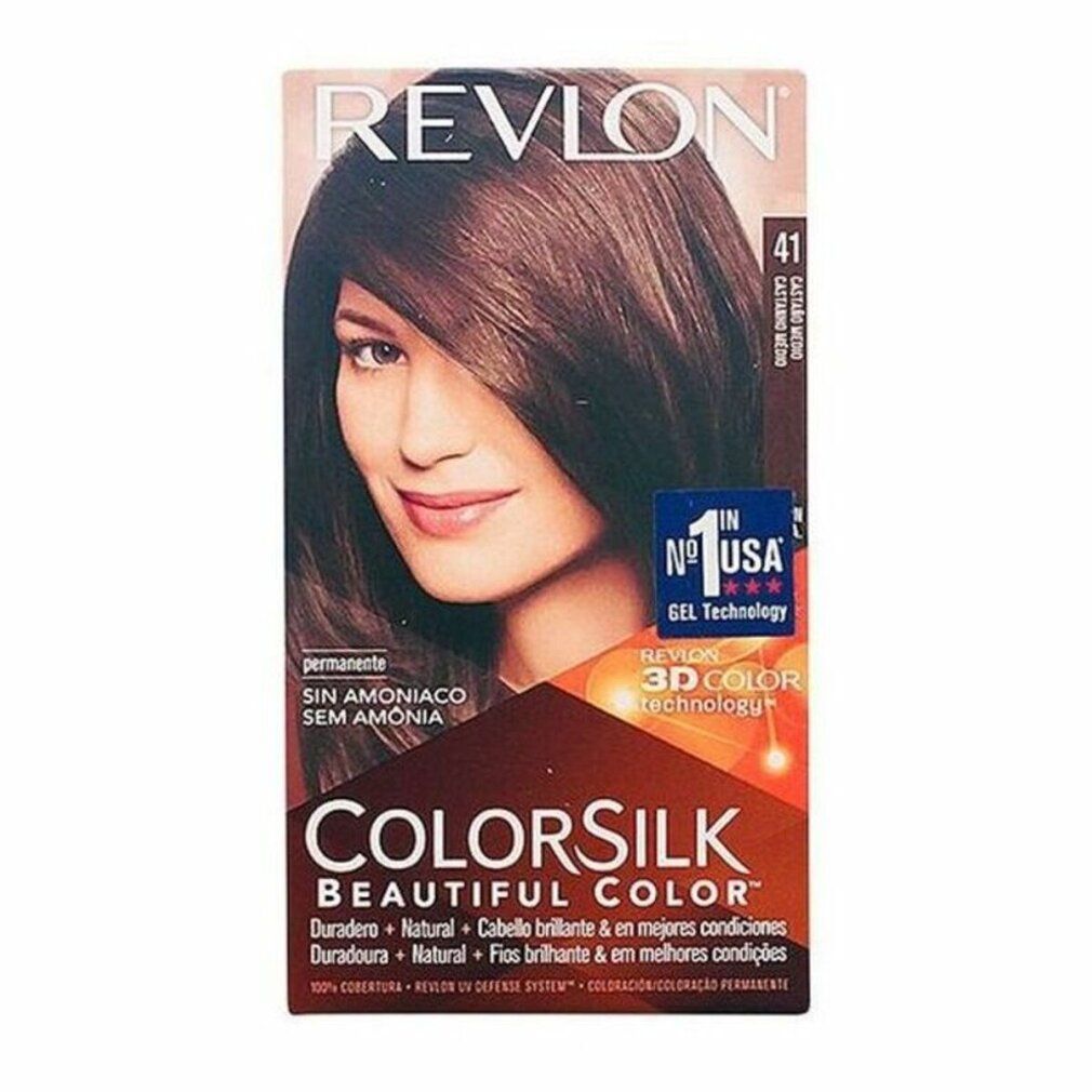 Revlon Colorsilk-Verpackung, 41 Medium Brown, ohne Ammoniak. Aufdruck: permanente Farbe. Abbildung einer Frau mit braunen Haaren.