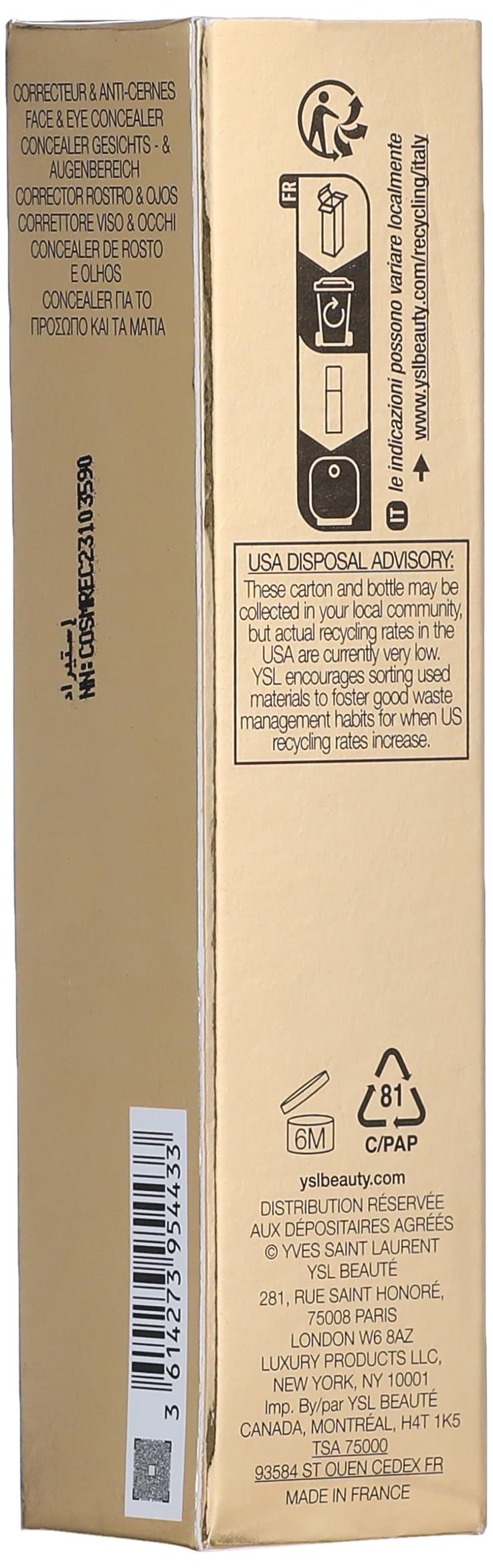 Verpackung YVES SAINT LAURENT ALL HOURS CONCEALER. Text, Recycling-Symbol. Adresse. 6M. C/PAP.