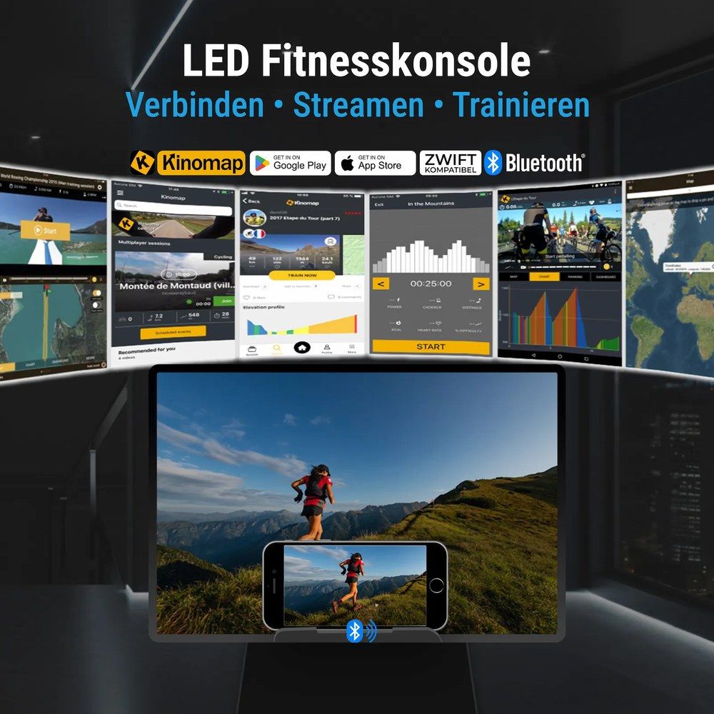 AsVIVA Laufband T23 Pro Climb mit LED-Fitnesskonsole, zeigt Kinomap, Google Play, App Store, Zwift und Bluetooth.