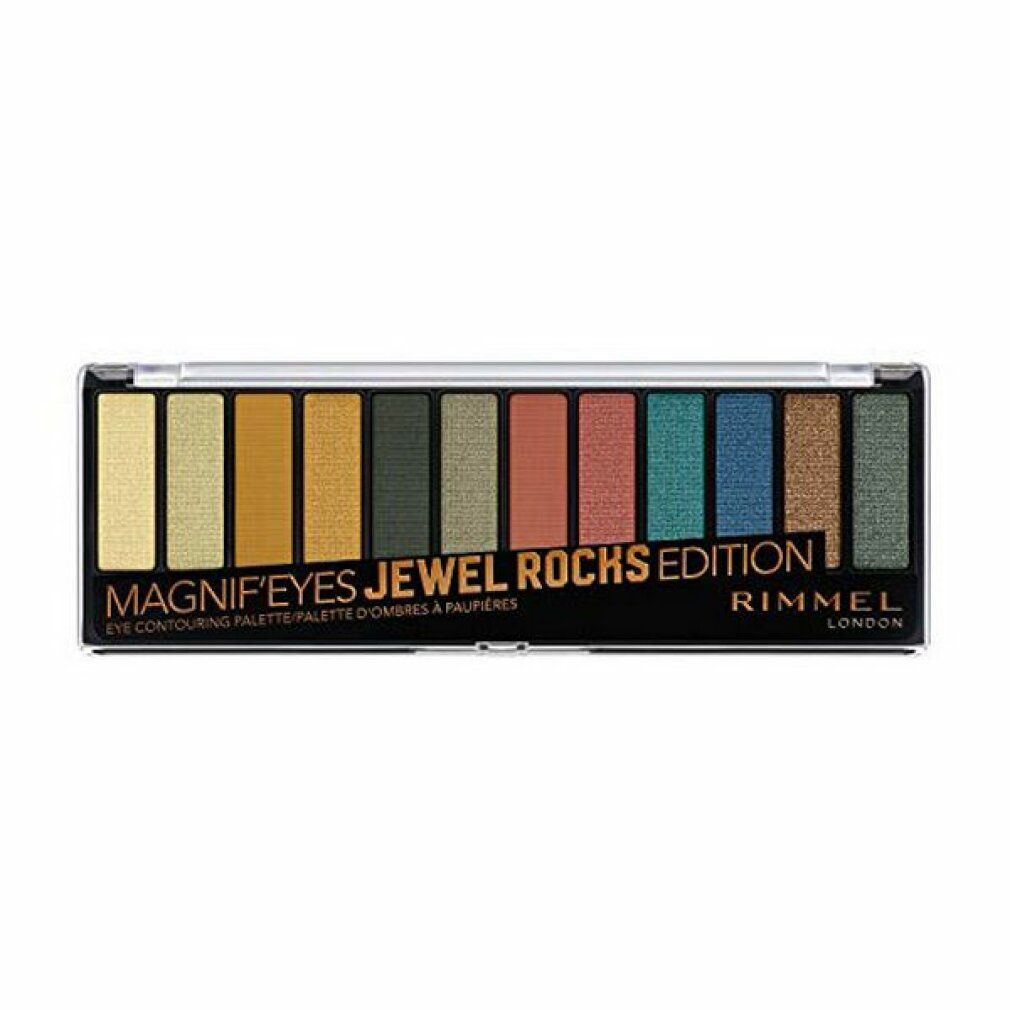 Lidschatten-Palette, Jewel Rocks Edition, 12 Farbtöne. Schwarze Verpackung mit transparentem Deckel. Rimmel Logo.