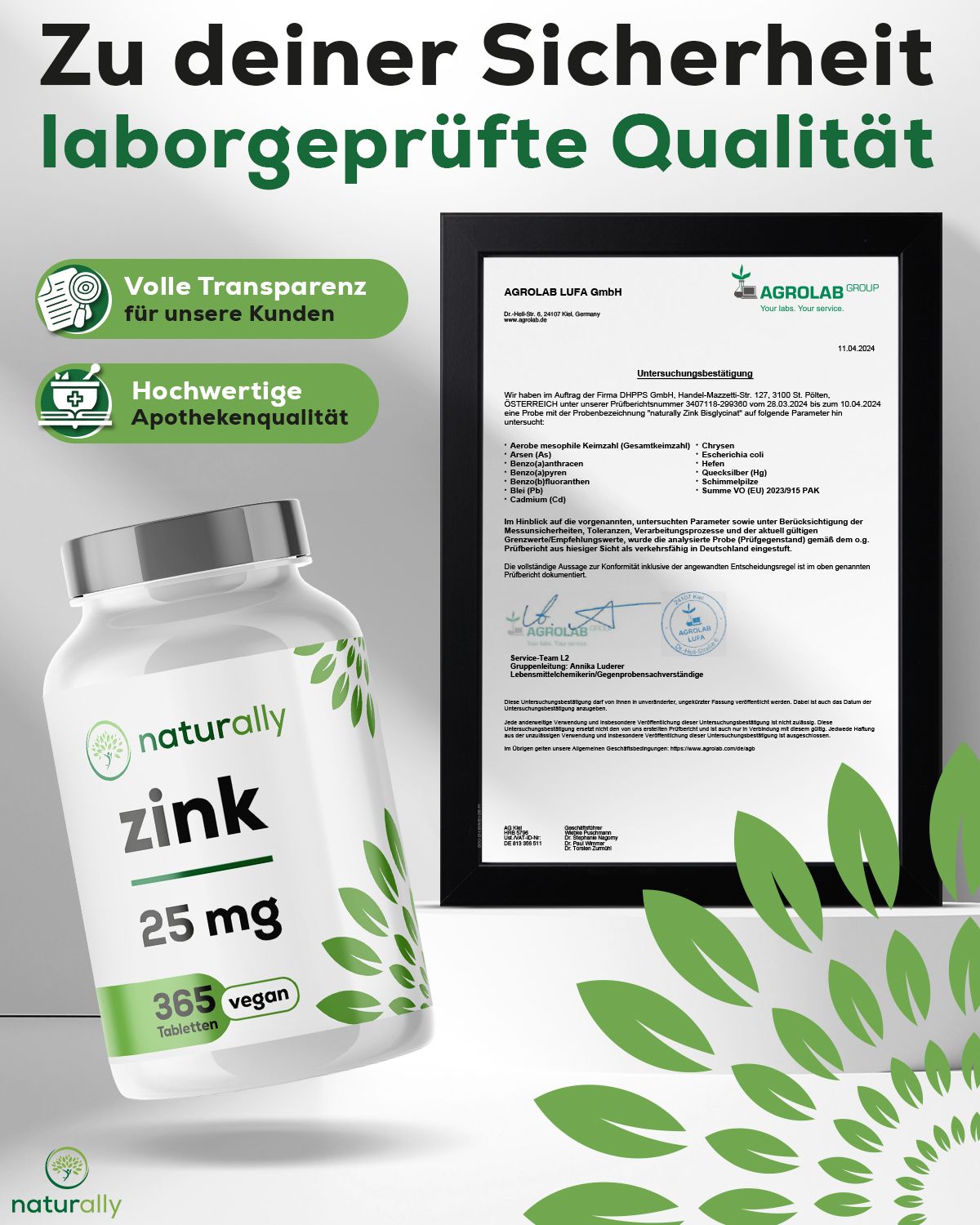 Tablettenflasche mit grünem Etikett. Text: naturally zink, 25 mg, 365 Tabletten, vegan. Zertifikat im Hintergrund.