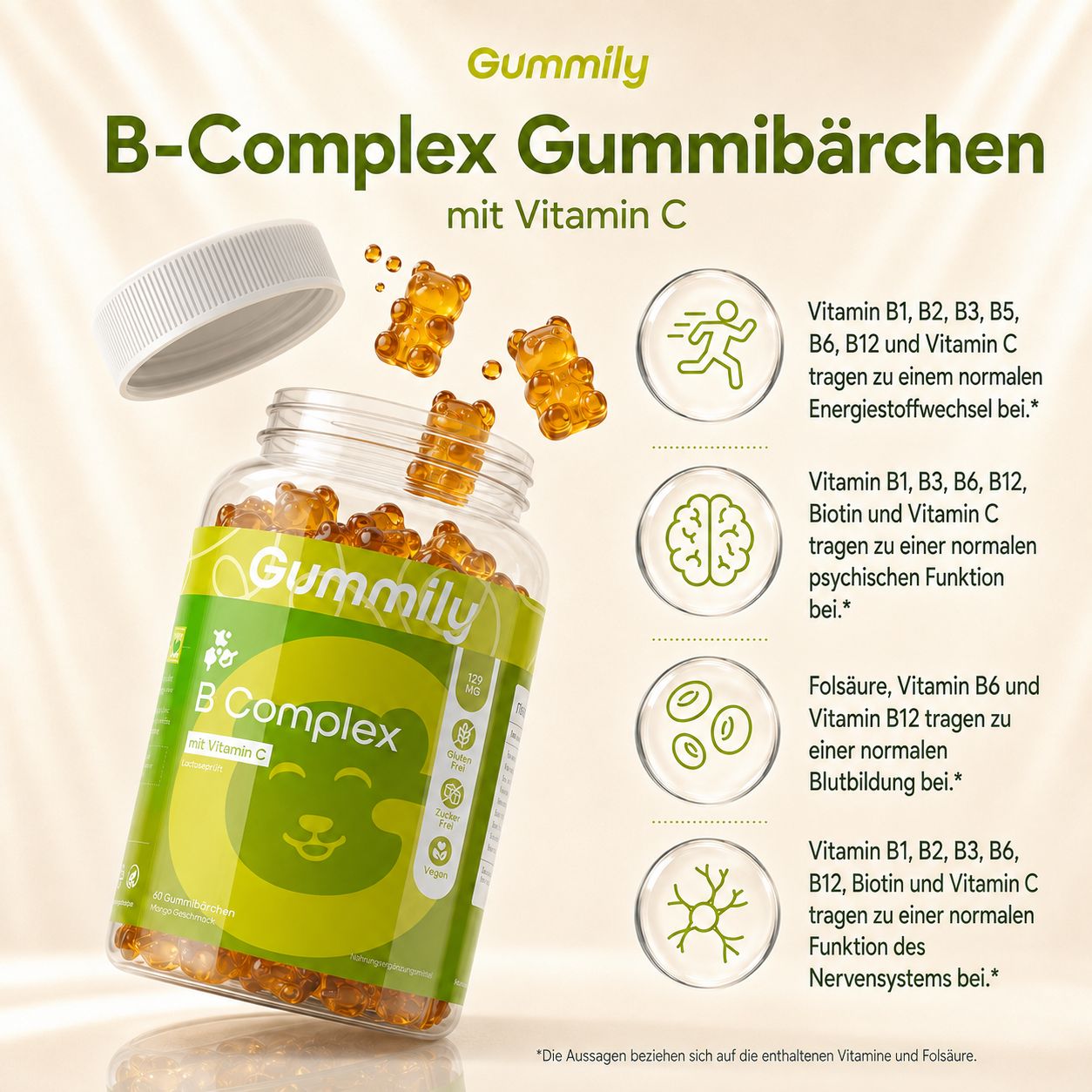 Gummily B-Complex Gummibärchen mit Vitamin C: Energie, Gehirn, Blut, Nerven.