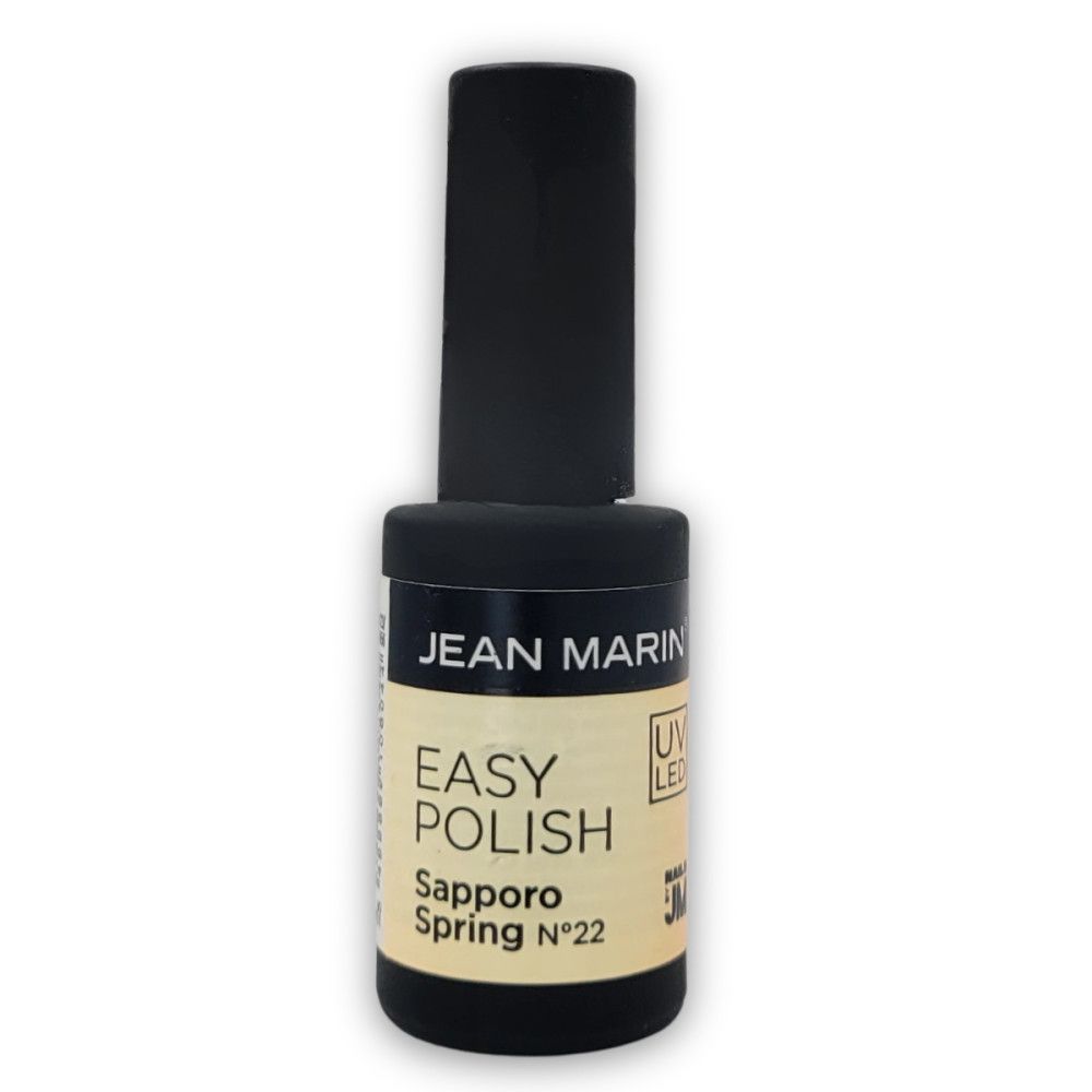 Nagellackflasche von Jean Marin. Schwarzer Deckel, Etikett mit Produktbezeichnung: Easy Polish, Farbe: Sapporo Spring N°22.