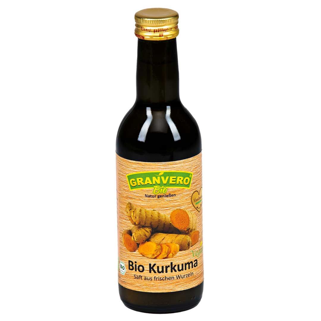 Braune Glasflasche mit goldfarbenem Verschluss. Etikett mit Produktname und Kurkuma-Abbildung.