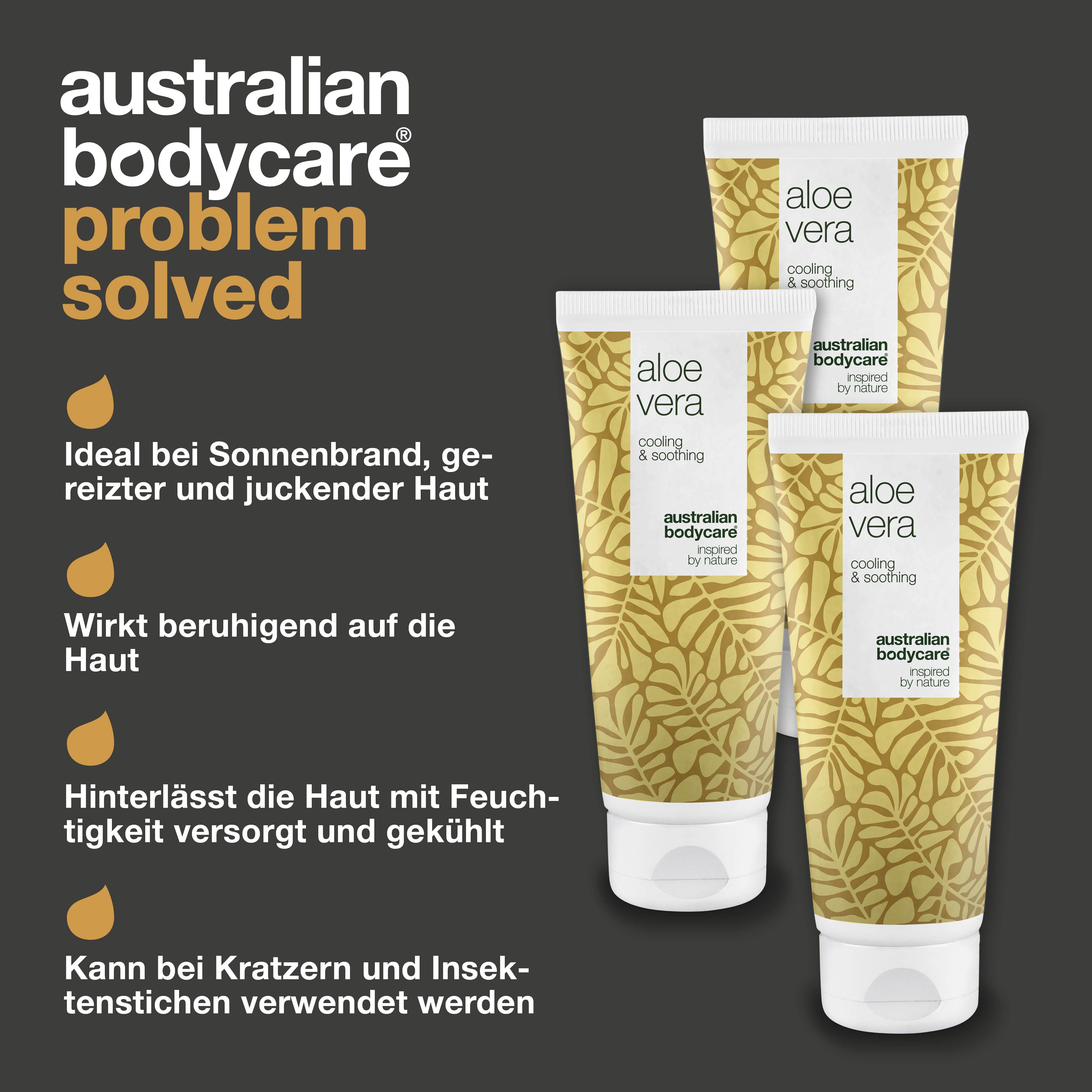 Drei Tuben Aloe Vera Gel. Weiß-gelbes Design mit Blättern. Marke: Australian Bodycare.