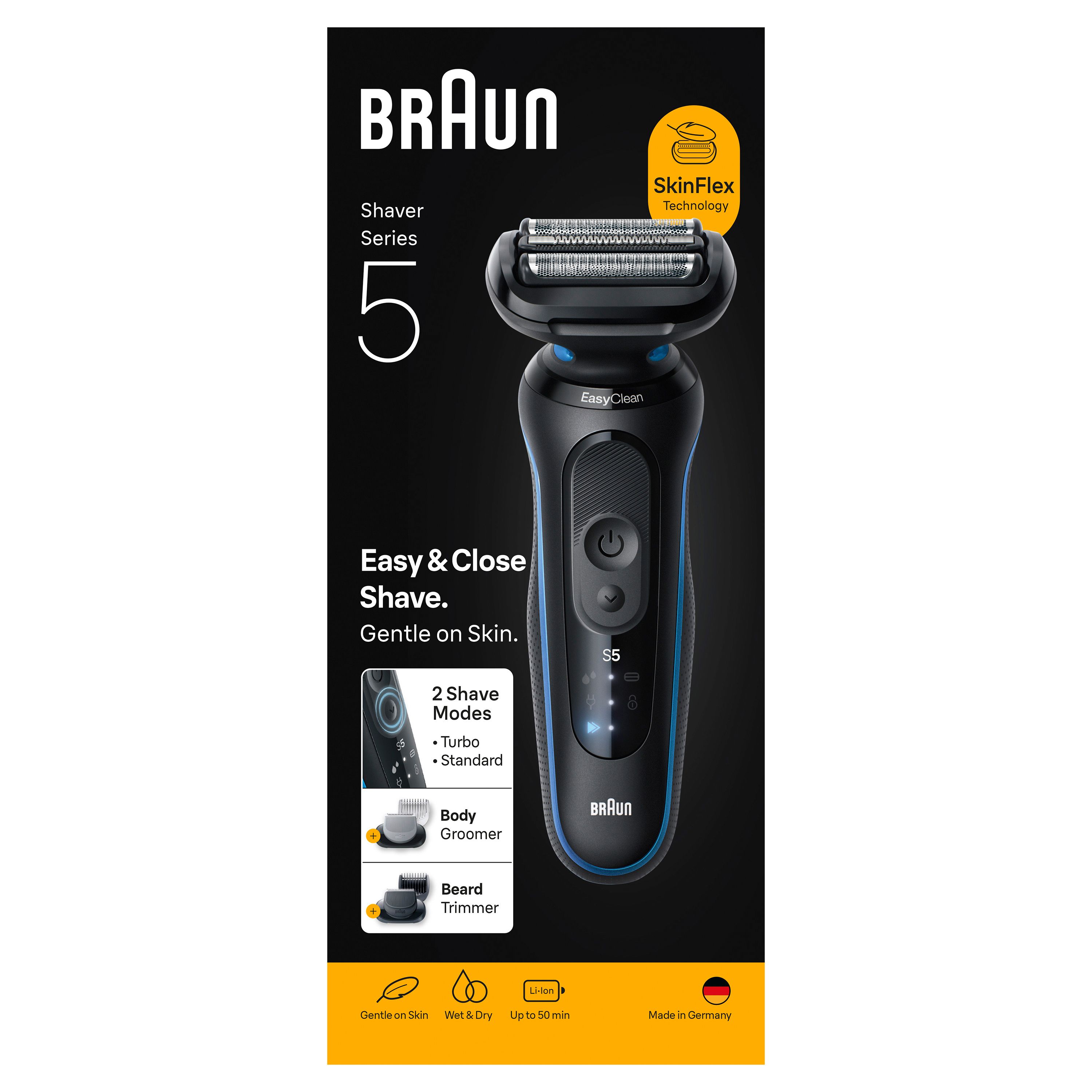 Verpackung des Braun Series 5 Rasierers mit Modellnummer, SkinFlex Technologie und Informationen zur Akkulaufzeit.