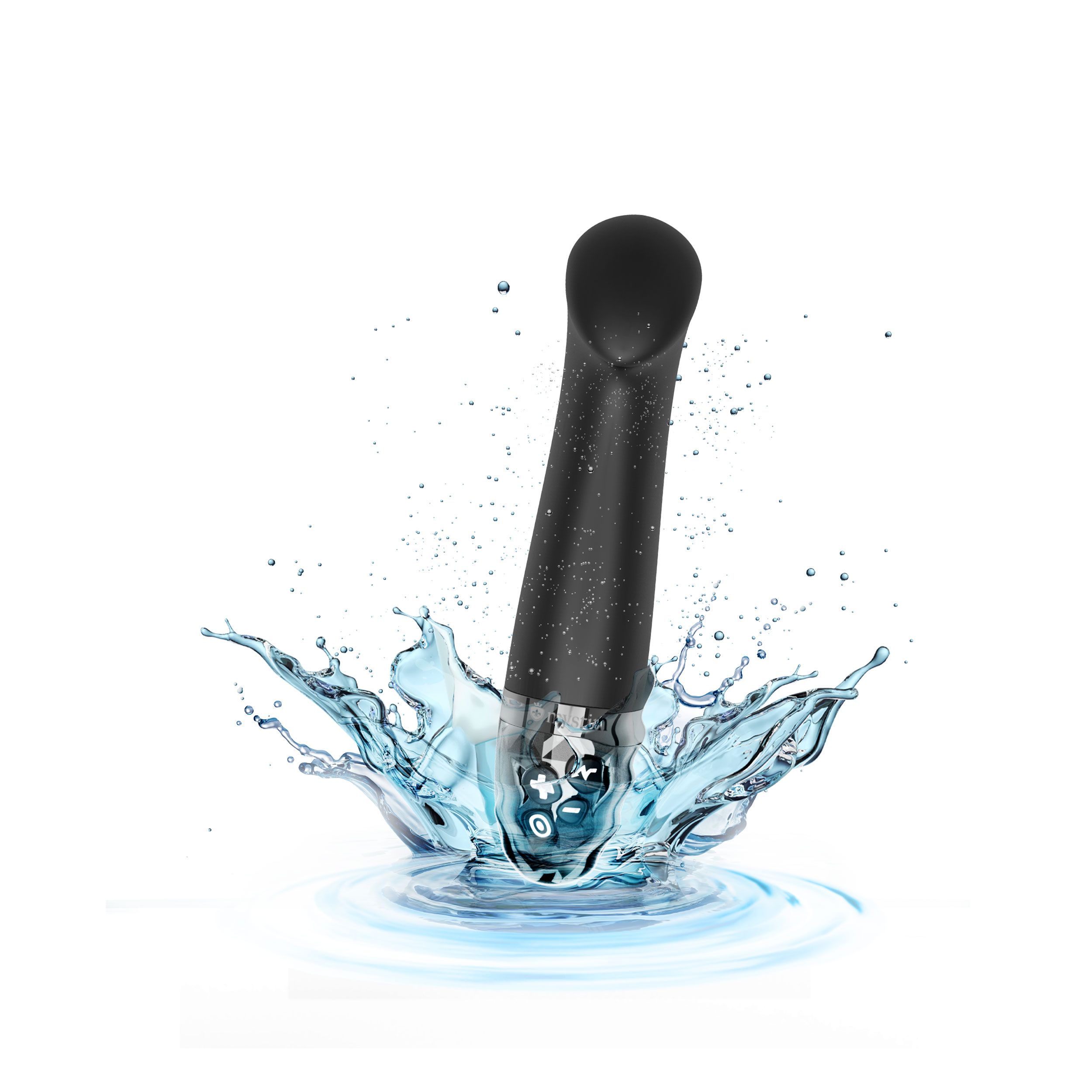 Schwarzes Produkt in Wasser. Wasserspritzer um das Produkt.