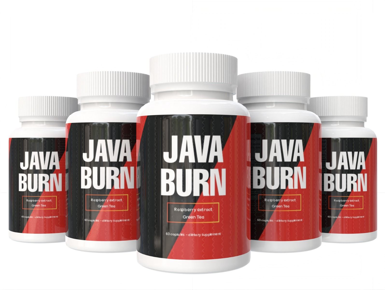 Fünf weiße Flaschen mit schwarzem und rotem Etikett. Aufschrift: JAVA BURN, Himbeerextrakt, Grüner Tee. 60 Kapseln.