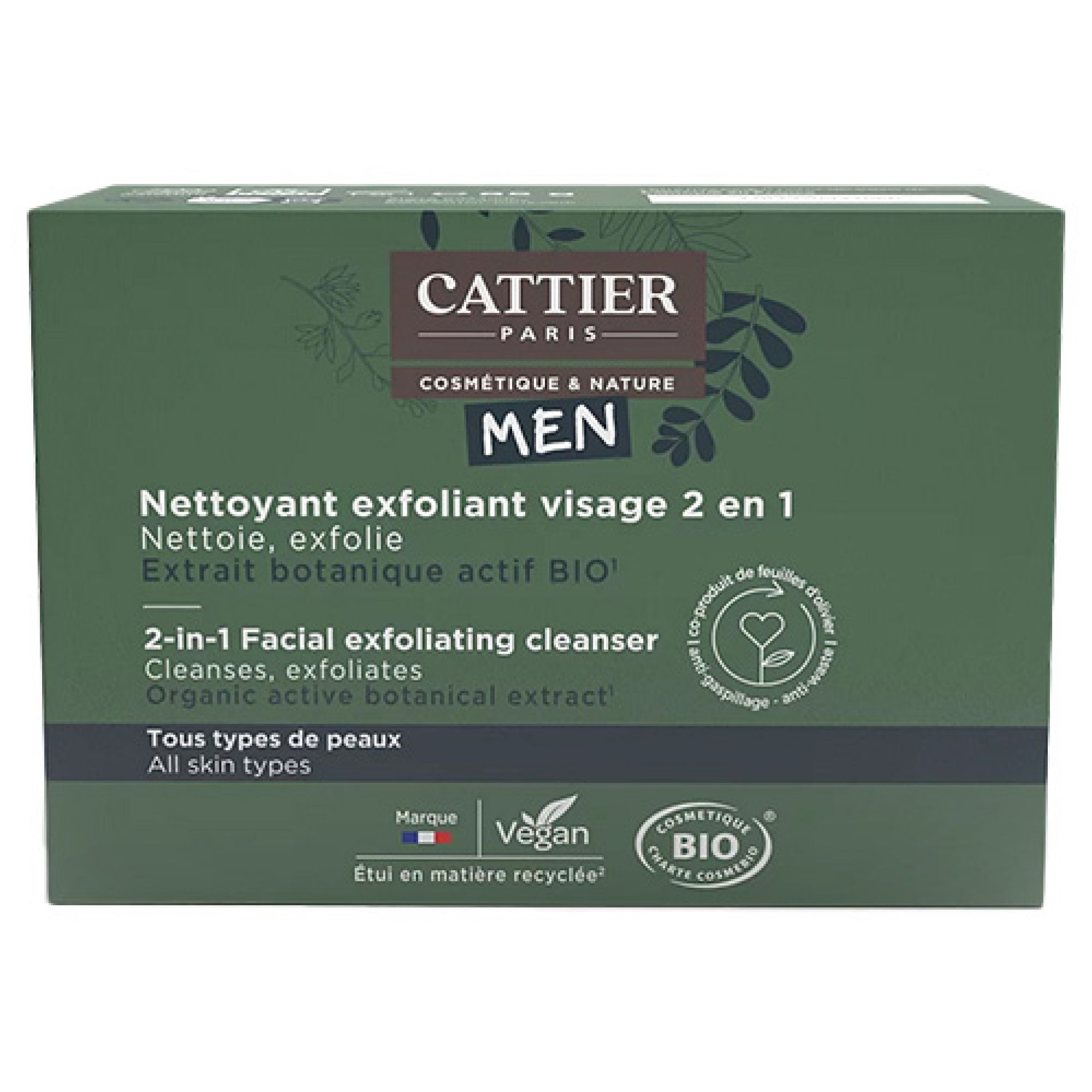 Cattier Men Solide 2in1 Bio Gesichtspeeling-Reiniger 8,8x2,8x6,3 cm