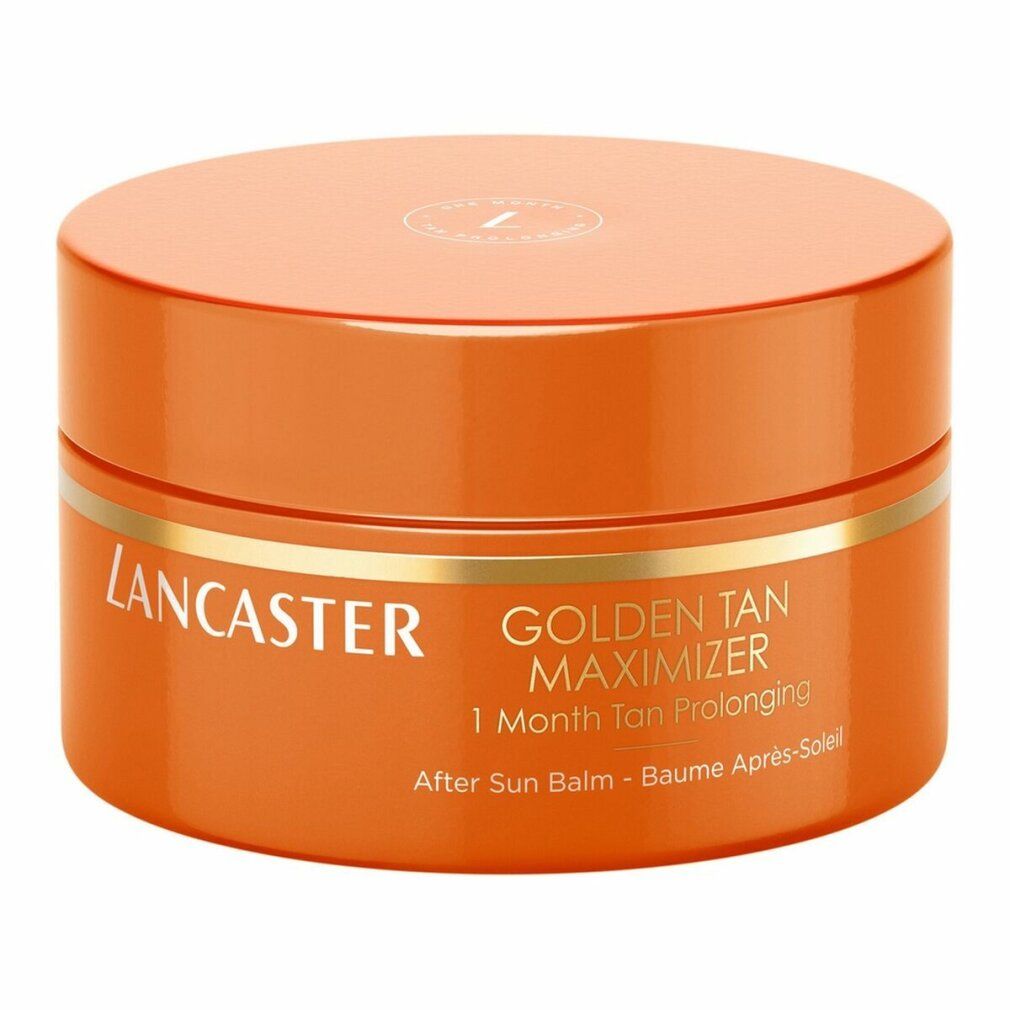 Orangener Tiegel. Aufschrift: Lancaster Golden Tan Maximizer After Sun Balm. Produktverpackung.