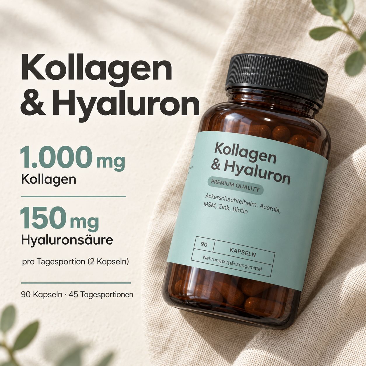 Braune Glasflasche mit Kollagen & Hyaluron Kapseln. Enthält 90 Kapseln.