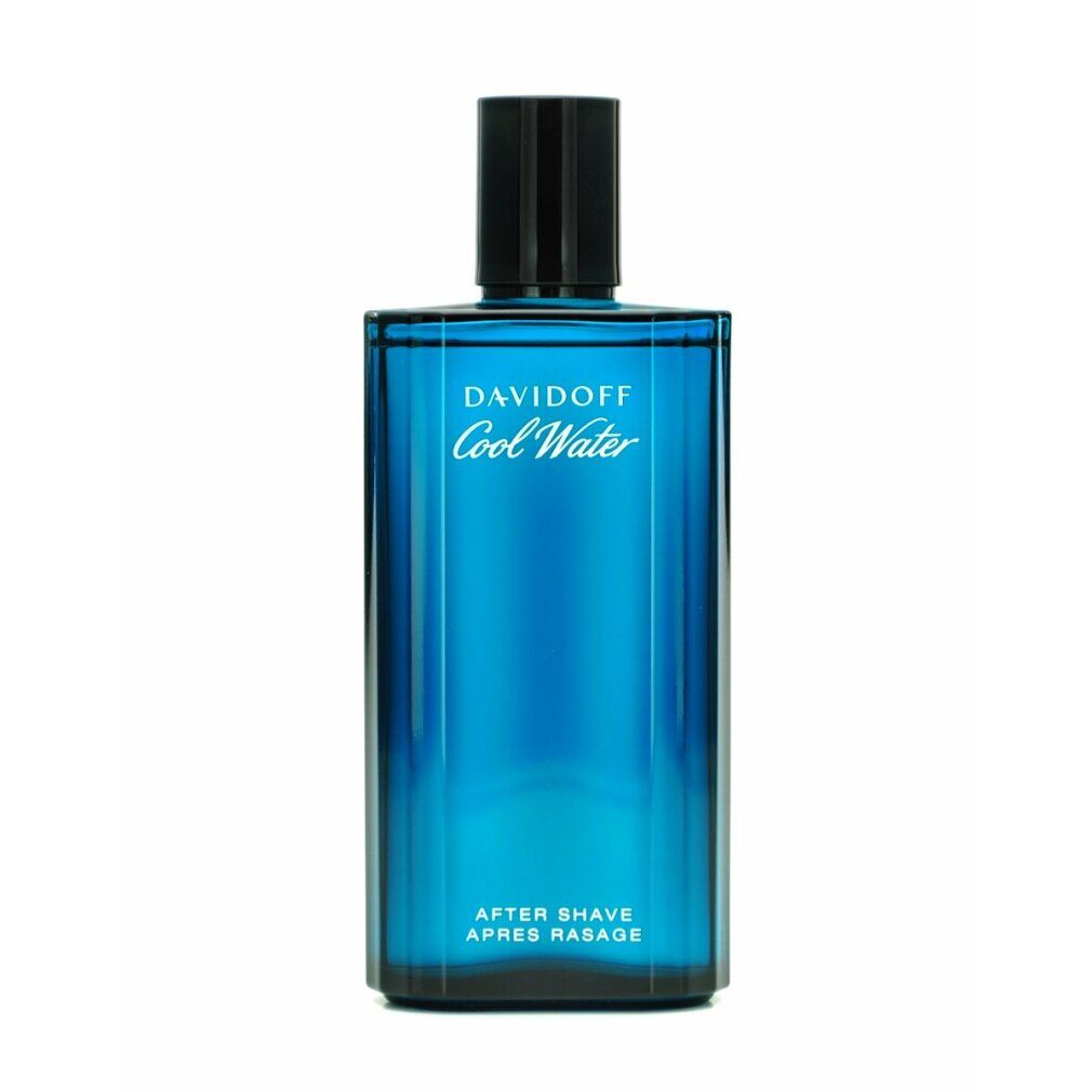 Davidoff Cool Water After Shave Flakon. Blaues Glas, schwarzer Verschluss. Aufschrift: After Shave.