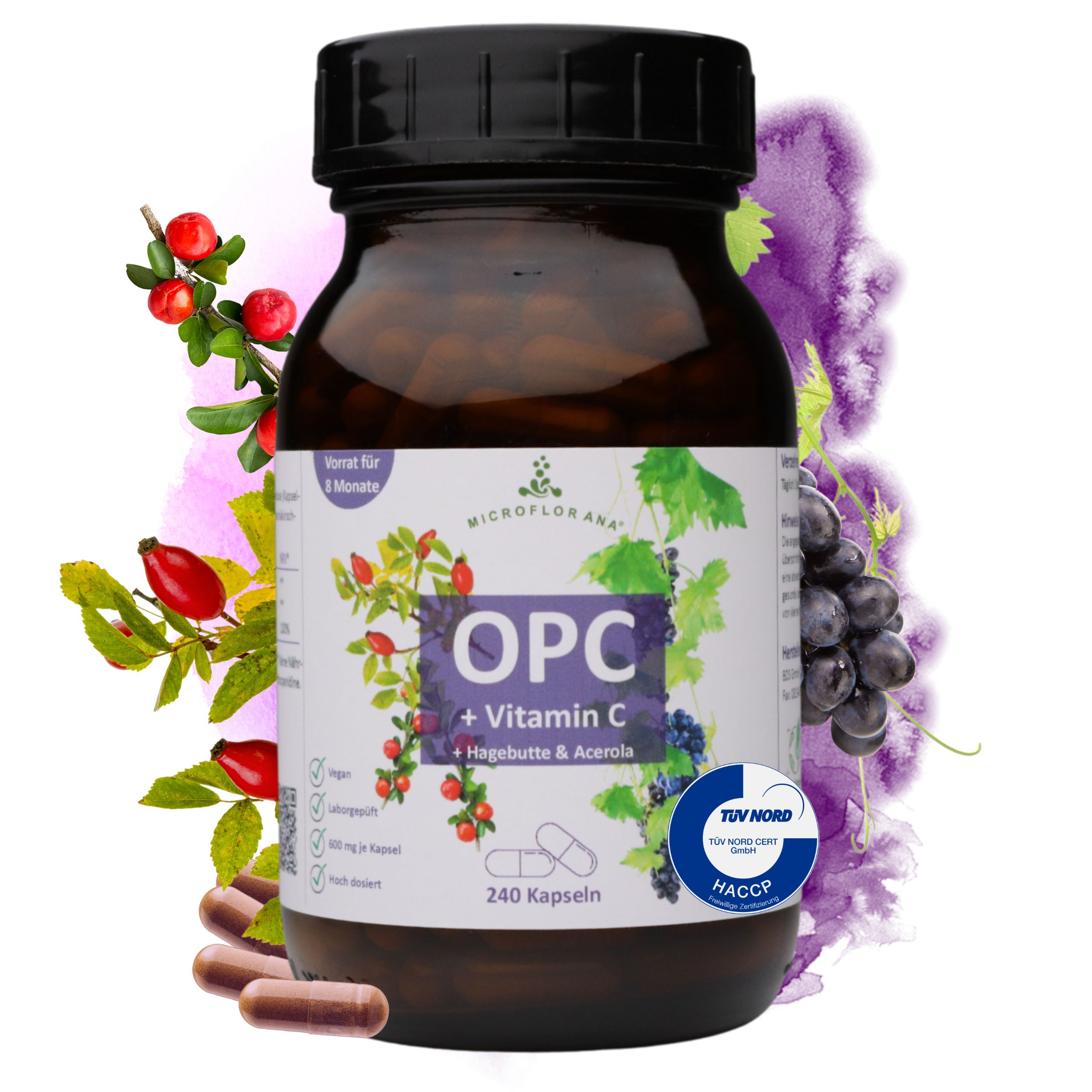 Braune Glasflasche mit Kapseln. Aufschrift: OPC + Vitamin C, Hagebutte & Acerola. 240 Kapseln. TÜV NORD.