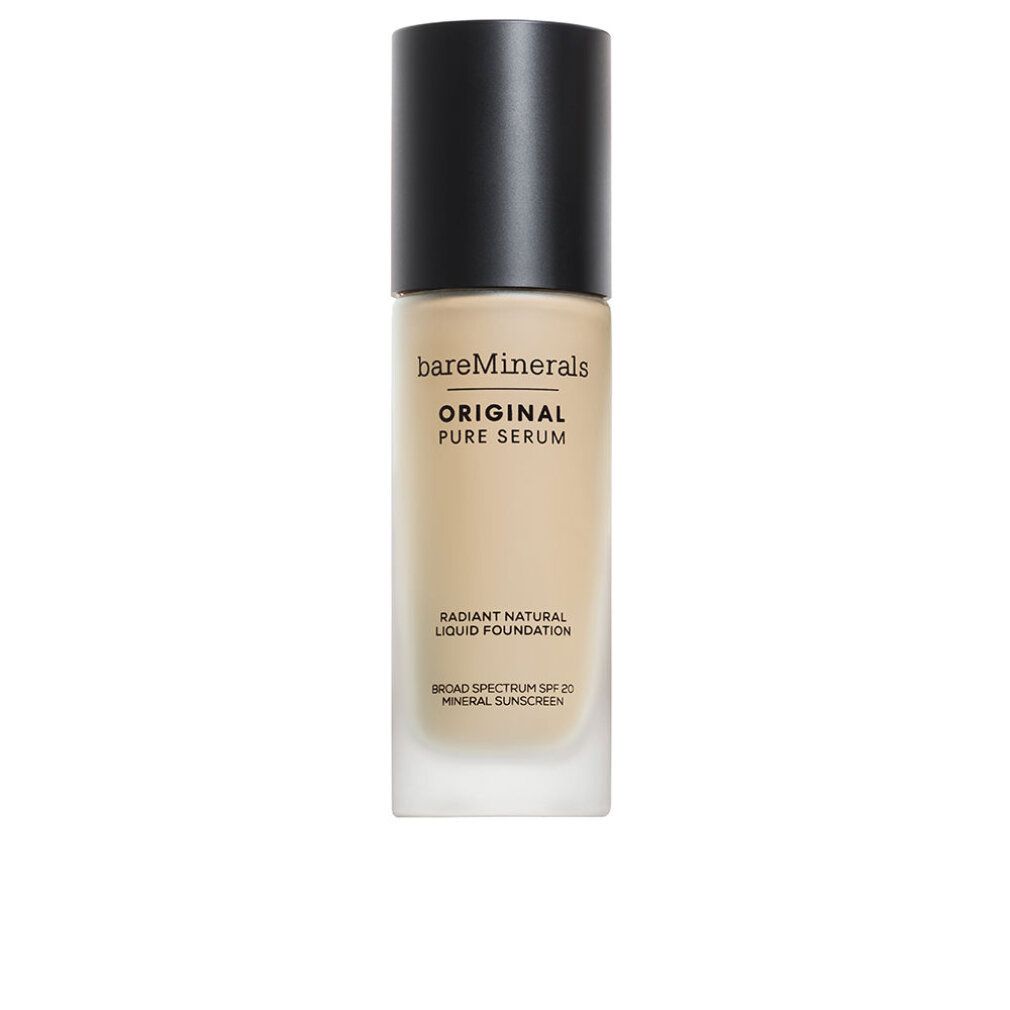 Flüssige Grundierung in Glasflasche mit schwarzem Deckel. Beschriftung: bareMinerals ORIGINAL PURE SERUM. Radiant Natural Liquid Foundation.