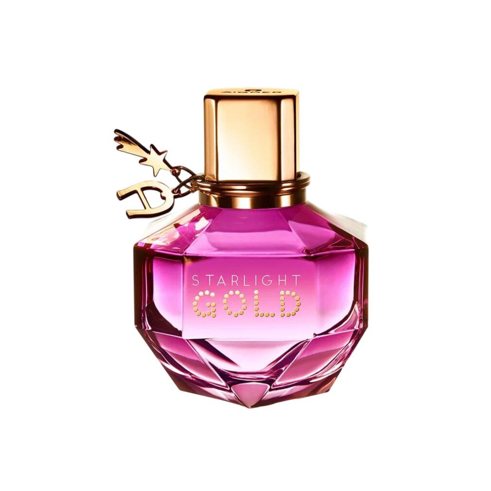 Etienne Aigner Starlight Gold Eau de Parfum Spray mit Anhänger und goldenem Verschluss.