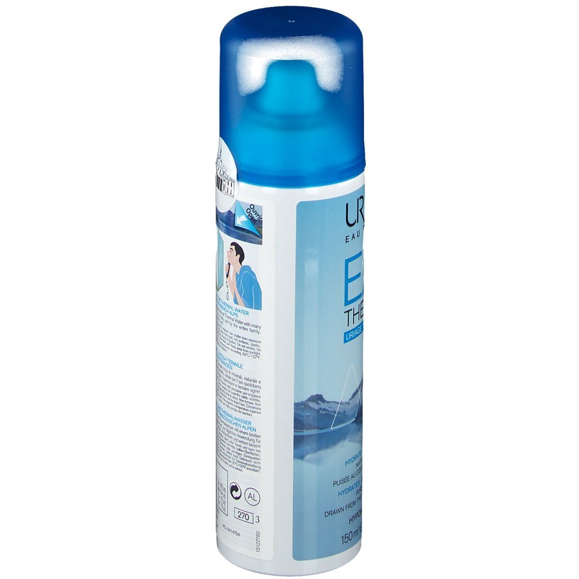 Uriage Eau Thermale Spray. Rückseite der Flasche. Produktname, Illustrationen und Text. 150ml.