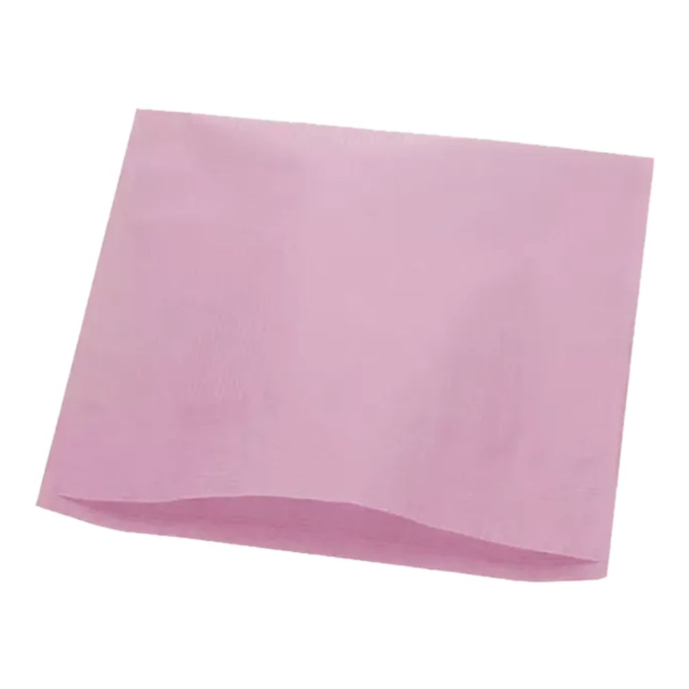 Rosa Kopfstützenschoner aus Tissue-Papier. Rechteckige Form, gefaltet. Ansicht von oben.