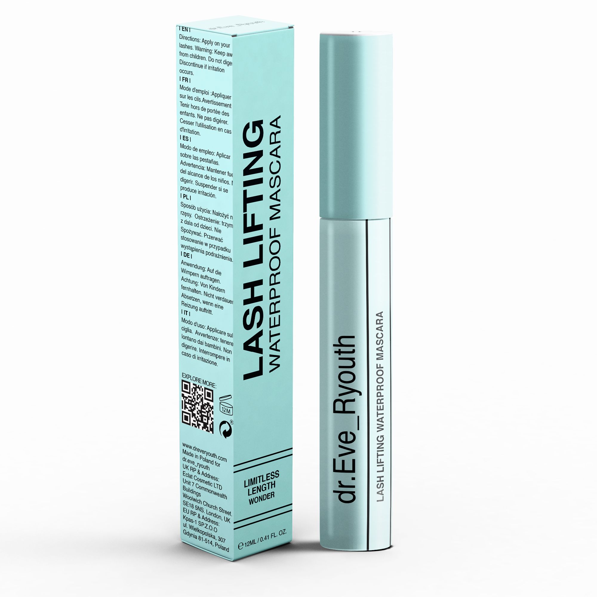 Lichtblauwe mascara met verpakking. Op de verpakking staat "Lash Lifting Waterproof Mascara" en "dr.Eve_Ryouth".