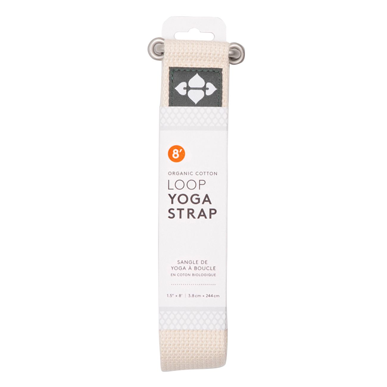 Beige Yogagurt-Schlaufe aus Bio-Baumwolle, 244 cm lang. Mit Metallösen und Verpackung. Aufschrift: Loop Yoga Strap.