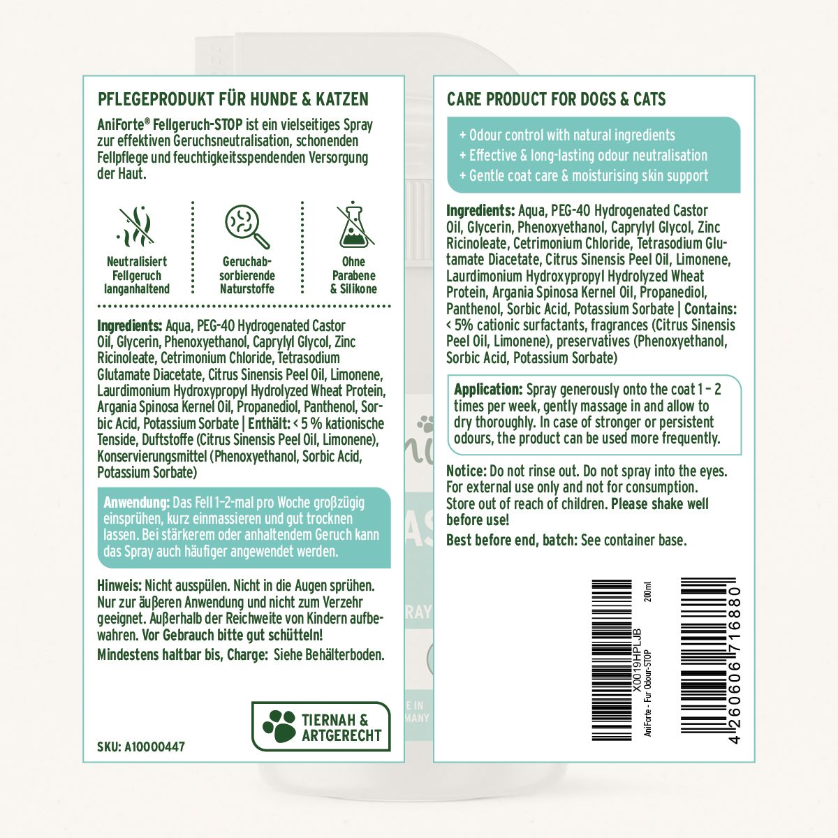 Rückseite der Produktverpackung. Text: Pflegeprodukt für Hunde & Katzen. Inhaltsstoffe, Anwendungshinweise, Warnhinweise. Marke AniForte.