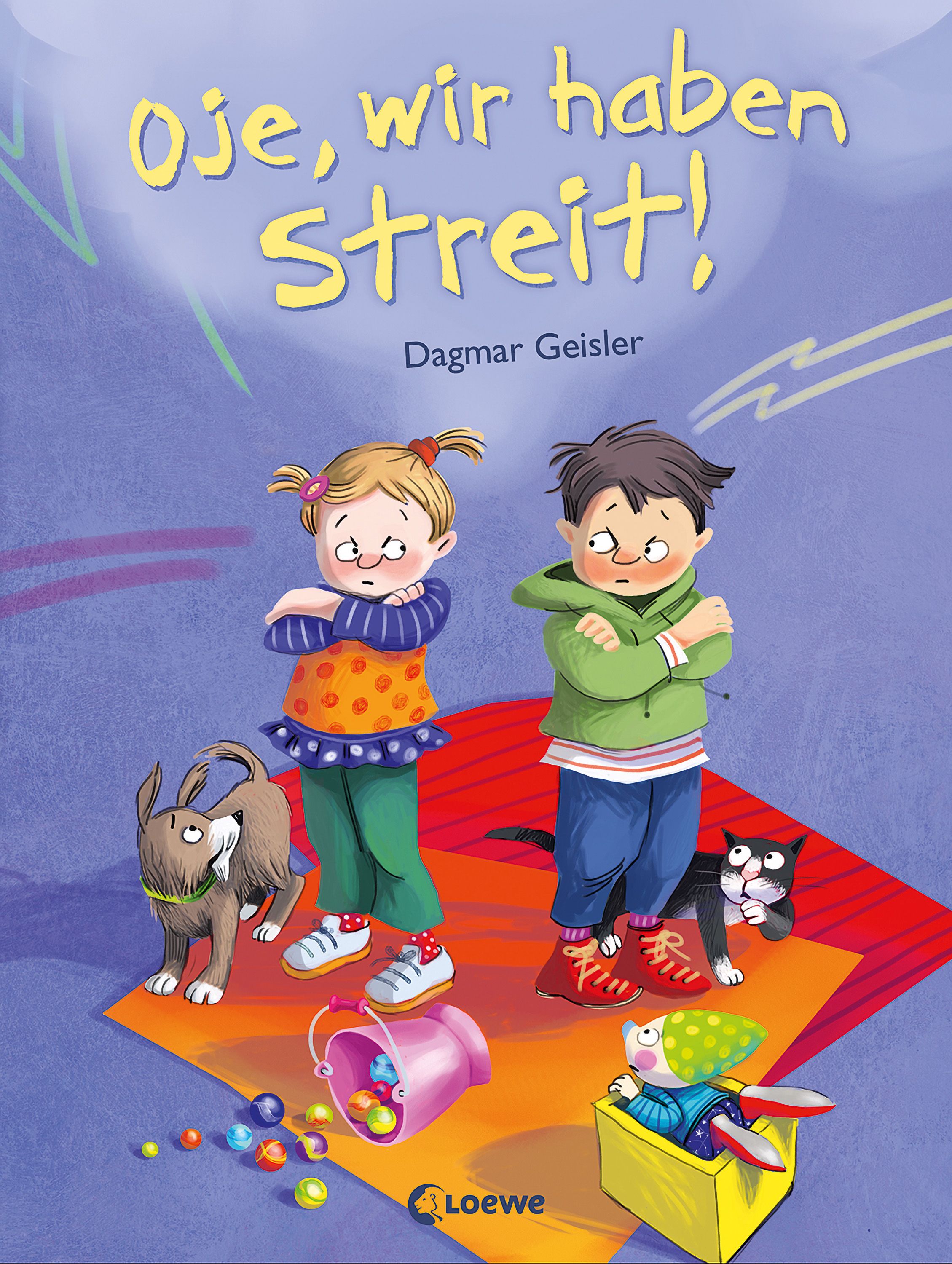 Buchcover: Titel "Oje, wir haben Streit!". Illustration von zwei Kindern, Hund, Katze und Eimer. Verlag Loewe.