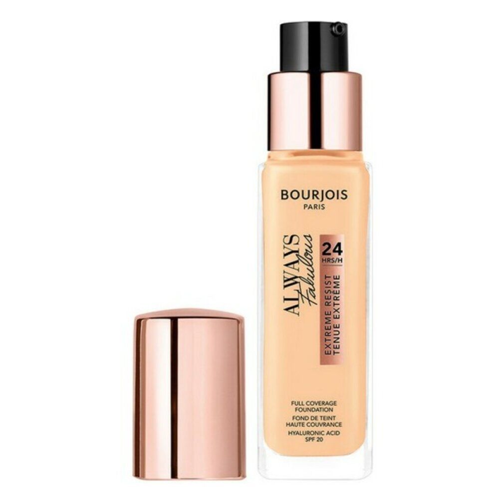 Bourjois Always Fabulous Foundation-Flakon. Schwarzer Pumpverschluss, roségoldener Deckel. Text auf dem Flakon.