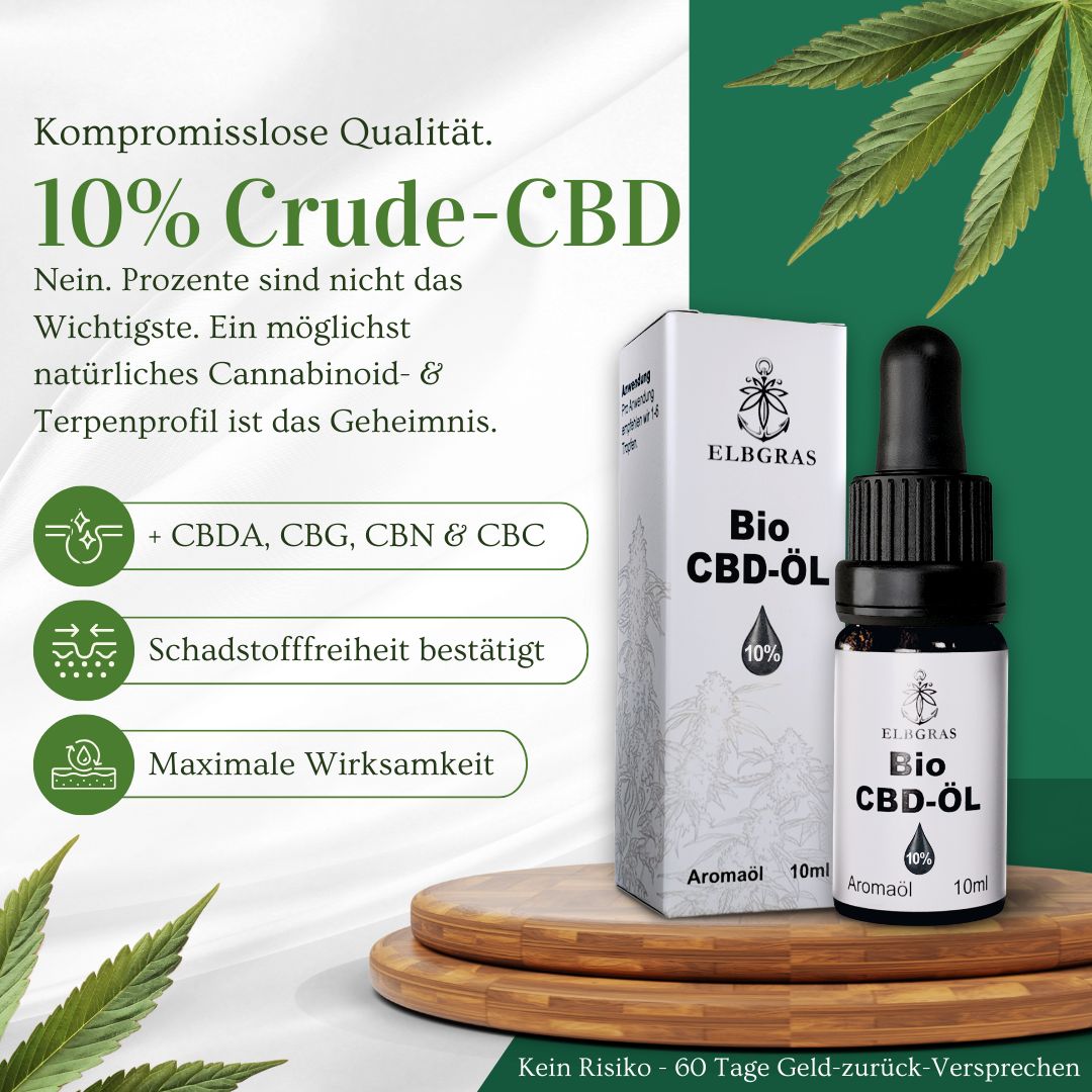 Karton und Flasche mit Aufschrift Bio CBD-Öl 10%. Text mit Informationen zu Inhaltsstoffen und Qualität. Grüner Hintergrund.