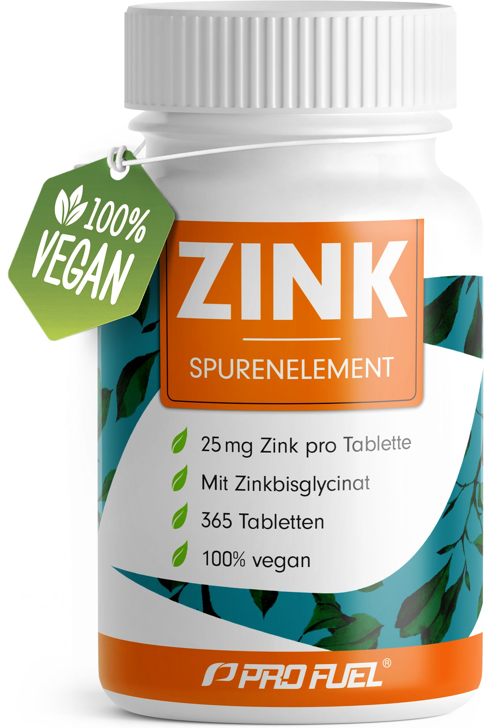 Weiße Flasche mit "ZINK Spurenelement"-Etikett. Enthält 365 Tabletten. Vegan-Zertifizierung. ProFuel-Logo.