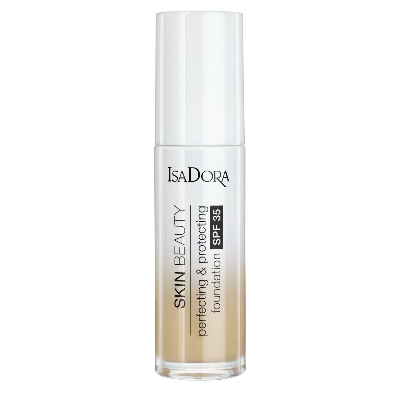IsaDora Skin Beauty Foundation. Flasche mit weißem Deckel. Aufschrift: Skin Beauty, Perfecting & Protecting, SPF 35.