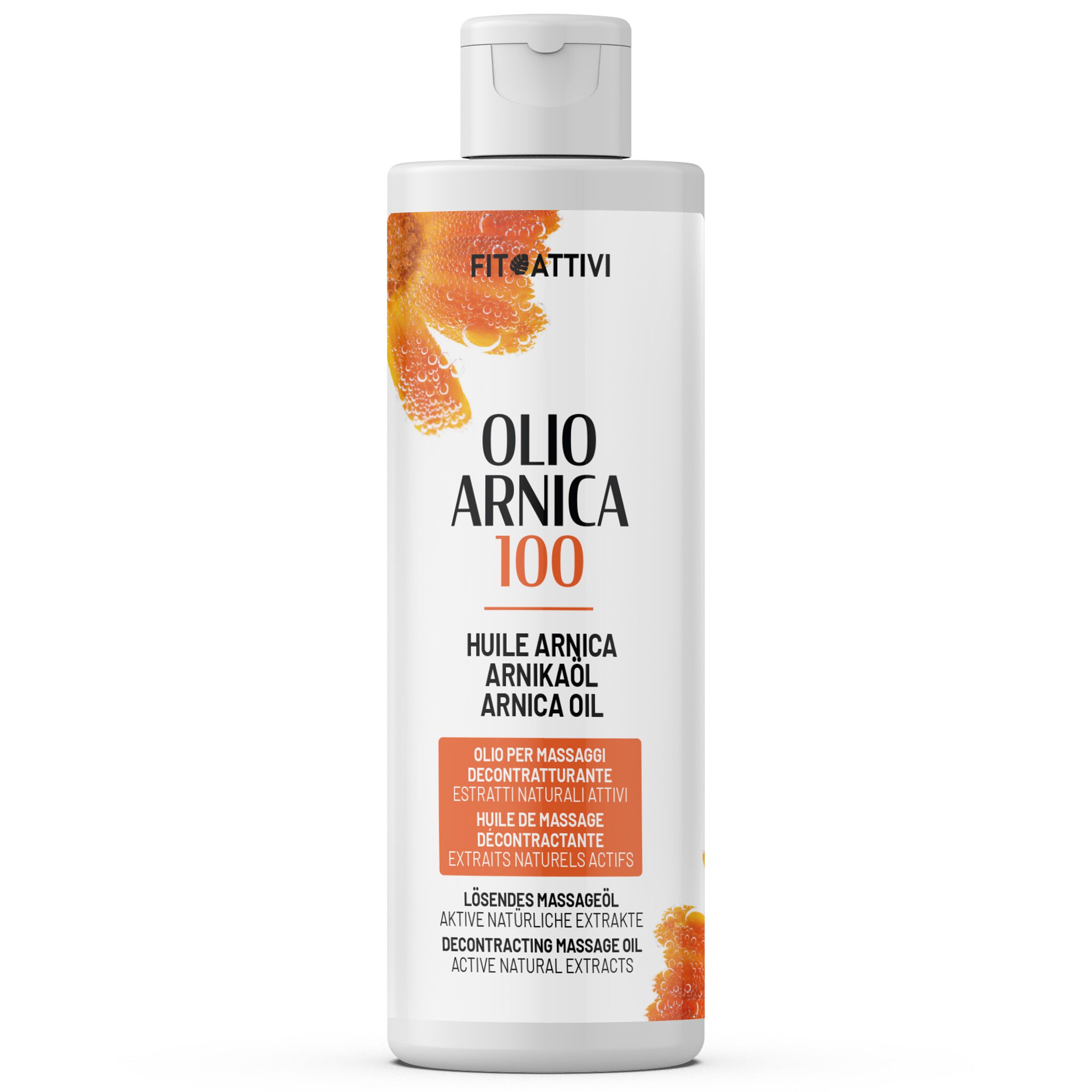 Fitoattivi Arnikaöl Flasche. Text: Oilo Arnica 100, Huile Arnica, Arnikaöl, Arnica Oil, 250ml.