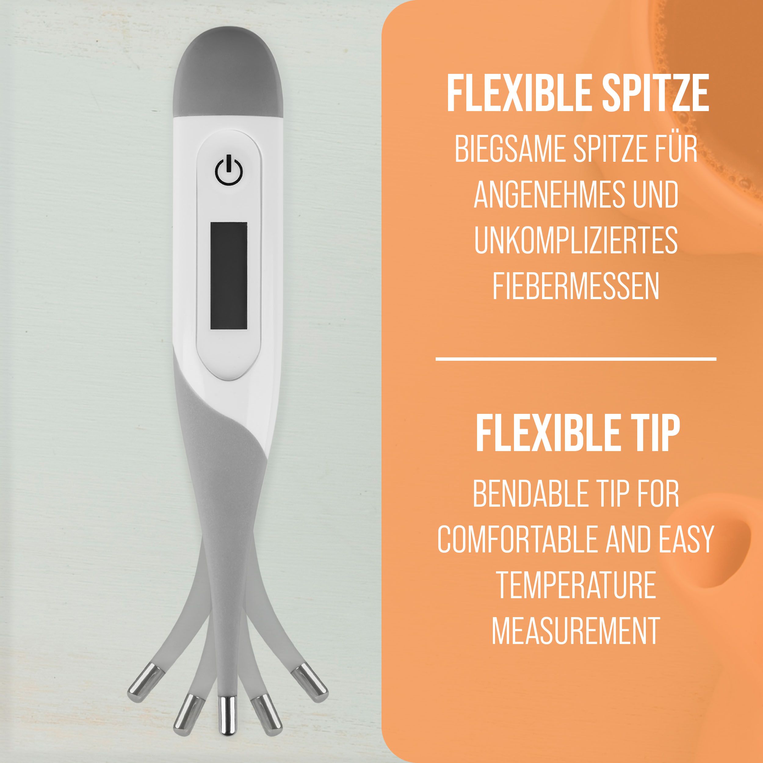 Thermometer mit flexibler Spitze. Gehäuse weiß-grau. Text: 'Flexible Spitze'. Mehrere flexible Spitzen dargestellt.