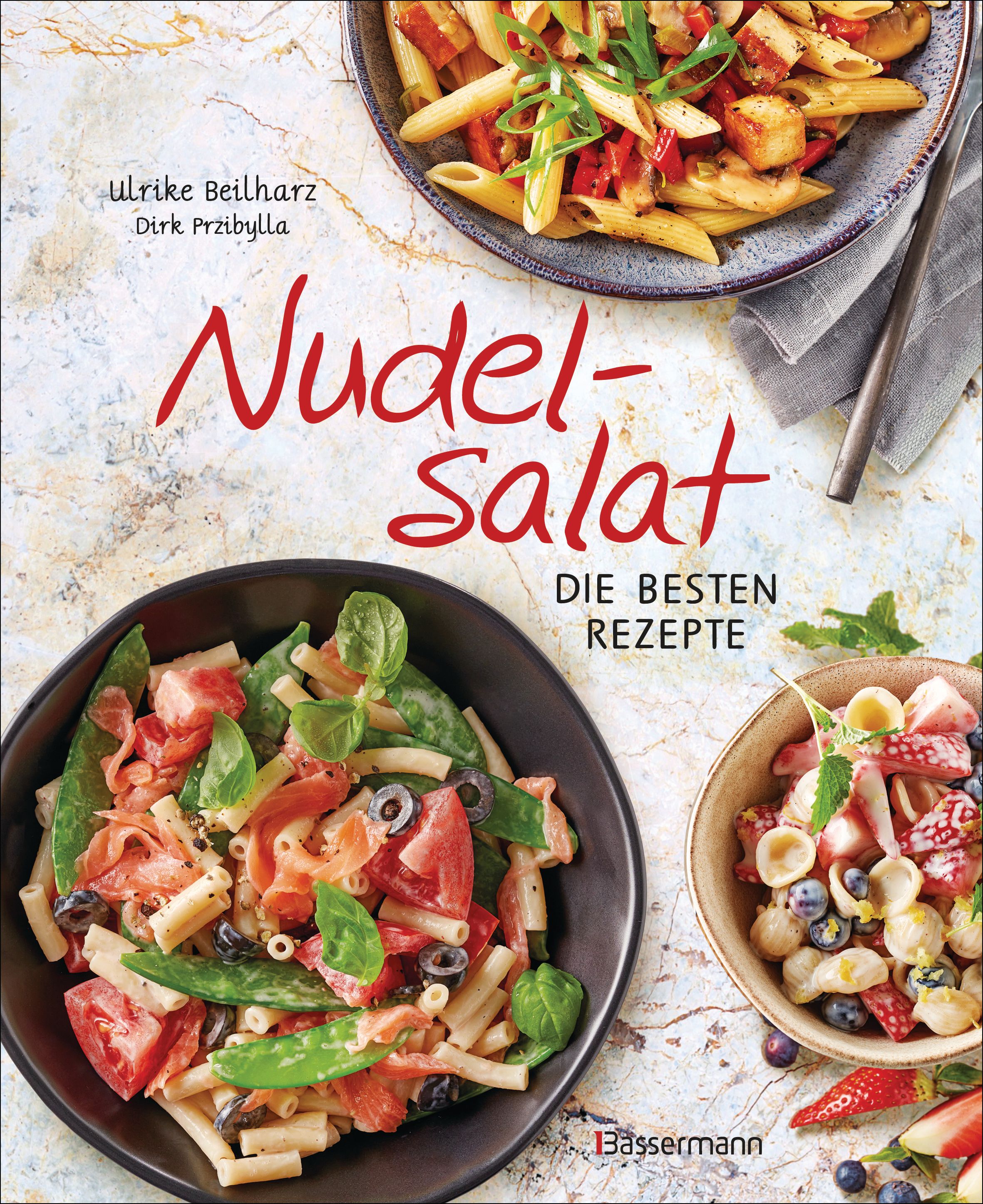 Buchcover mit dem Titel Nudelsalat. Darunter steht "Die besten Rezepte". Oben zwei Teller mit Nudelsalat, unten zwei weitere.