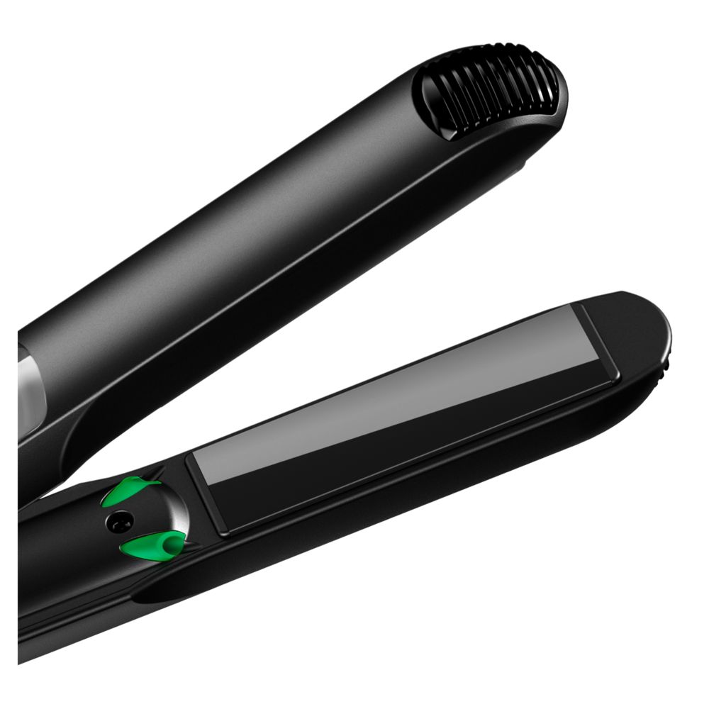 Nahaufnahme eines schwarzen Braun Satin Hair 7 Haarglätters. Sichtbar sind die Heizplatten und das Bedienfeld.