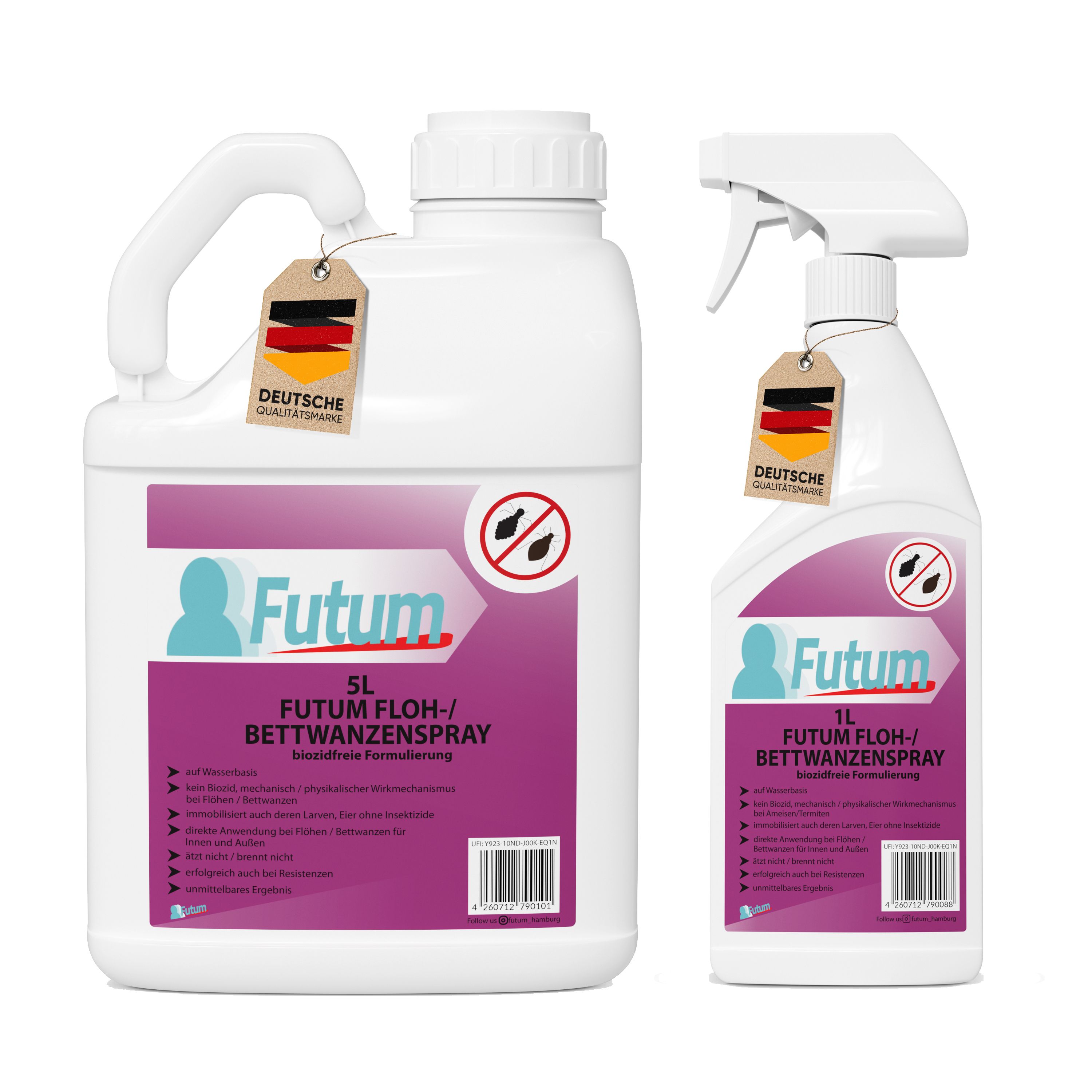 Zwei weiße Flaschen FUTUM, eine mit Sprühkopf, eine mit Griff. Beide mit Etiketten und Text. Deutsche Qualitätsmarke.