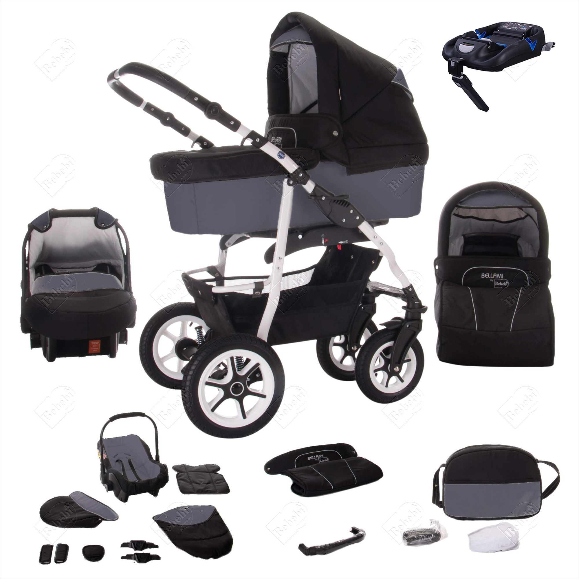 Bebebi Bellami 4 in 1 Kinderwagen Komplettset ISOFIX Basis Luftreifen, Bellagrigio