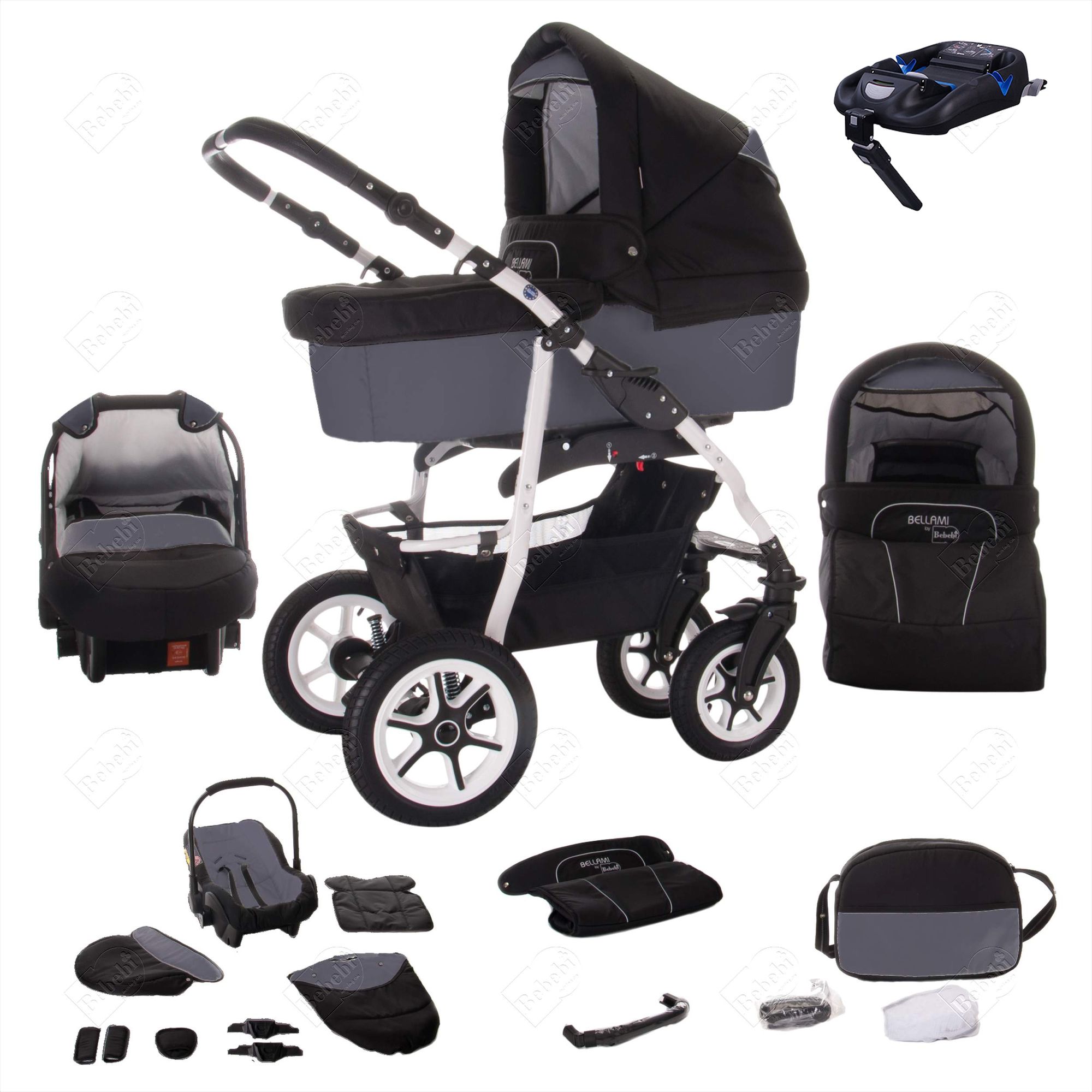 Bebebi Bellami Isofix Basis & Autositz 4 in 1 Kinderwagen Hartgummireifen, Bellagrigio