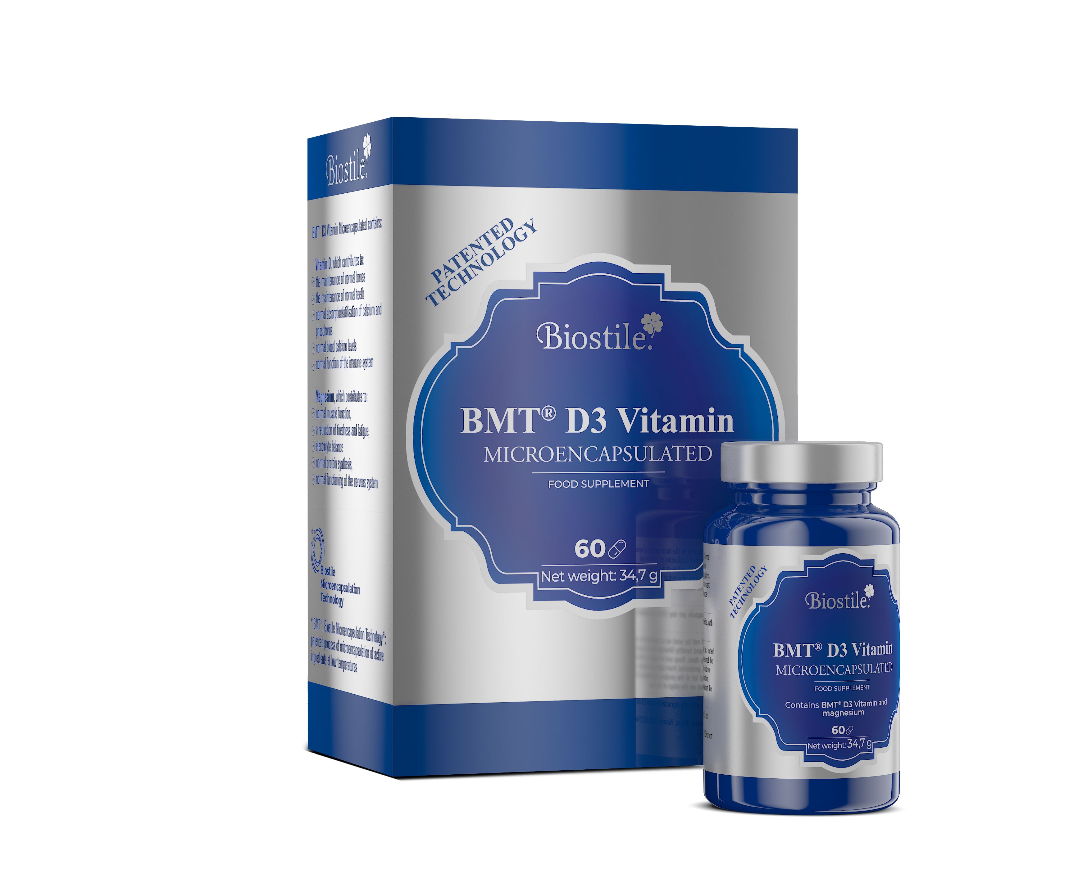 Biostile BMT D3 Vitamin, Mikroverkapselt, in einer Flasche und Schachtel. Blaue Flasche und Schachtel mit weißer Schrift.