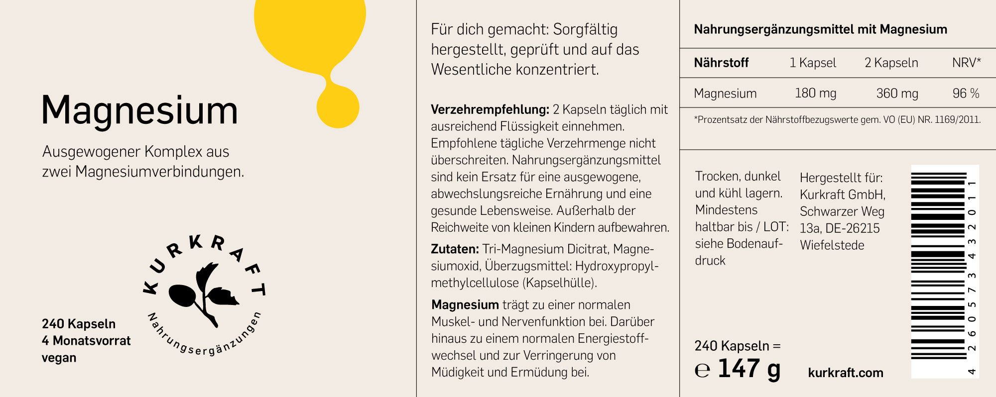 Etikett mit Text: Magnesium, 240 Kapseln, 4 Monatsvorrat, vegan. Nährwertangaben. Logo Kurkraft.