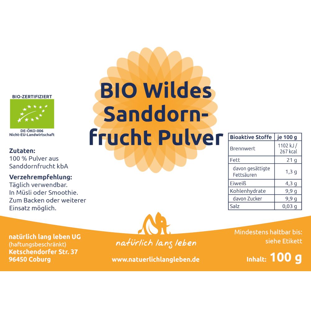 natürlich lang leben BIO Wildes Sanddorn Frucht Pulver 100 g